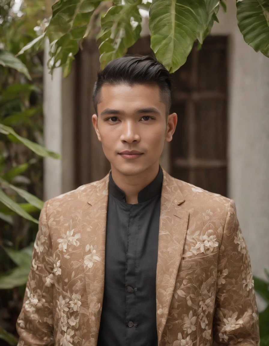 A man standing in front of some flowering plants, (suit), traditional Balinese pattern style, contemporary realism portrait photography, genderless, light brown and black, Sony Alpha a7 iii, waves, folk portrait