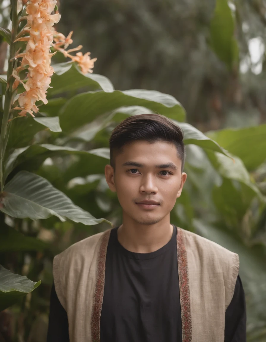 a man standing in front of some flowering plants, in the style of traditional balinese motifs, contemporary realist portrait photography, genderless, light brown and black, sony alpha a7 iii, wavy, folkloric portrait