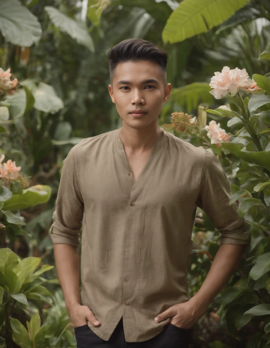 a man standing in front of some flowering plants, in the style of traditional balinese motifs, contemporary realist portrait photography, genderless, light brown and black, sony alpha a7 iii, wavy, folkloric portrait