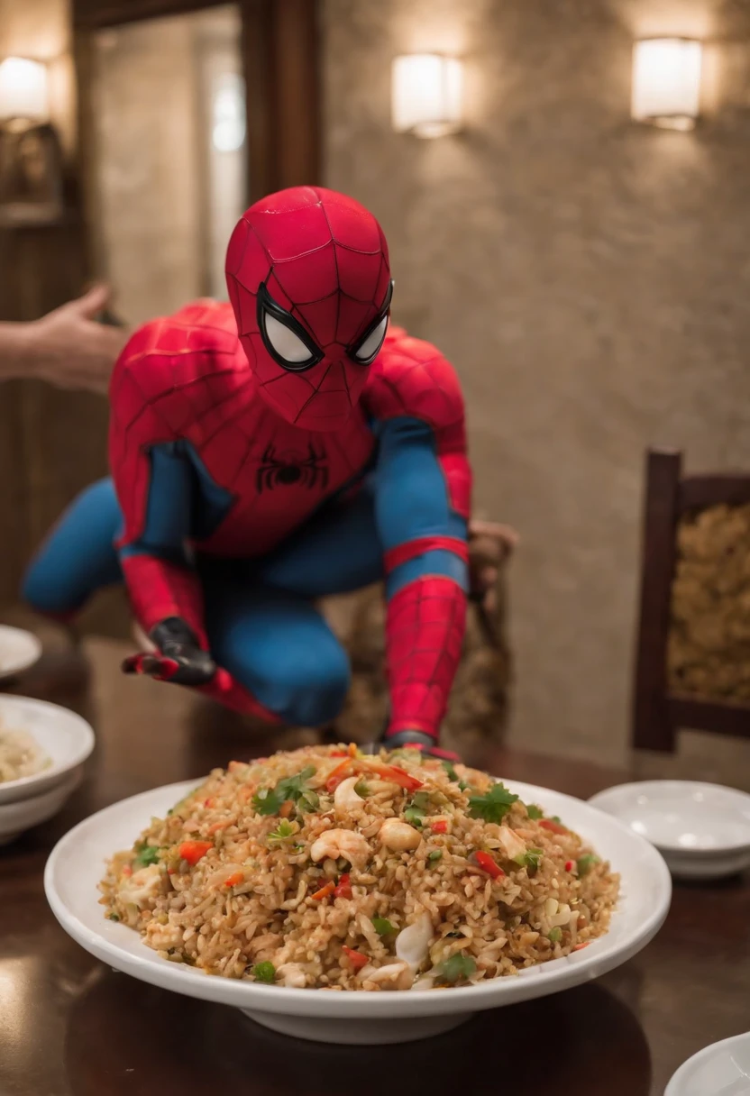 Cinematographer, ultra realista, Ropa detallada, Bellamente detallado, UHD, HDR, Altas Resoluciones, ultra detallado, Detalles intrincados, Efectos texturales, absurdos, obra maestra, 8k:1.2. En esta imagen, vemos a Spider-Man en un inusual descanso de sus actividades heroicas. He's standing in a chic Asian restaurant in his iconic costume..................... Spider-Man holds a bowl of Chinese fried rice mixed with oriental stir-fried noodles in his hands skillfully.., usando unos elegantes palillos chinos para llevar un bocado a su boca. The plate is full of fried rice, salteado. The restaurant is decorated with traditional Chinese elements, como linternas rojas colgando del techo y dragones dorados esculpidos en las paredes. The dim light of the lanterns creates a warm and welcoming atmosphere in the place.