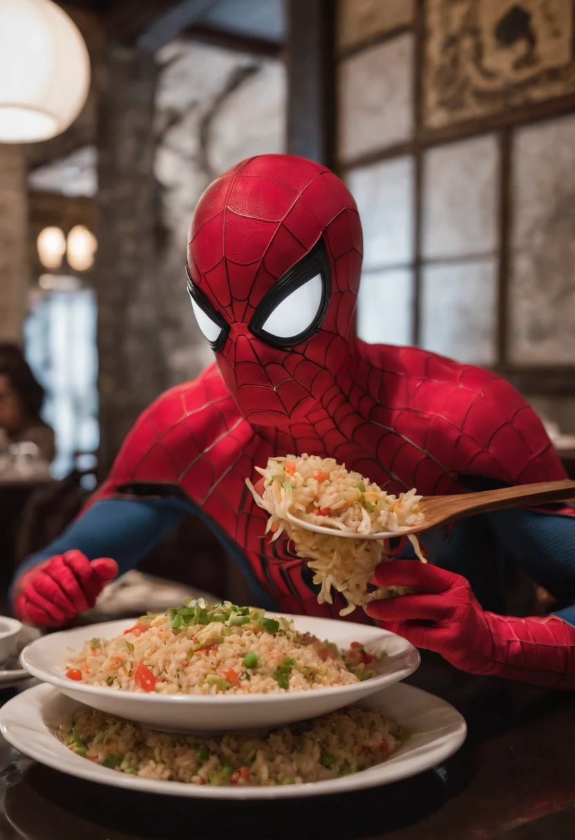 Cinematographer, ultra realista, Ropa detallada, Bellamente detallado, UHD, HDR, Altas Resoluciones, ultra detallado, Detalles intrincados, Efectos texturales, absurdos, obra maestra, 8k:1.2. En esta imagen, vemos a Spider-Man en un inusual descanso de sus actividades heroicas. He's standing in a chic Asian restaurant in his iconic costume..................... Spider-Man holds a bowl of Chinese fried rice mixed with oriental stir-fried noodles in his hands skillfully.., usando unos elegantes palillos chinos para llevar un bocado a su boca. The plate is full of fried rice, salteado. The restaurant is decorated with traditional Chinese elements, como linternas rojas colgando del techo y dragones dorados esculpidos en las paredes. The dim light of the lanterns creates a warm and welcoming atmosphere in the place.