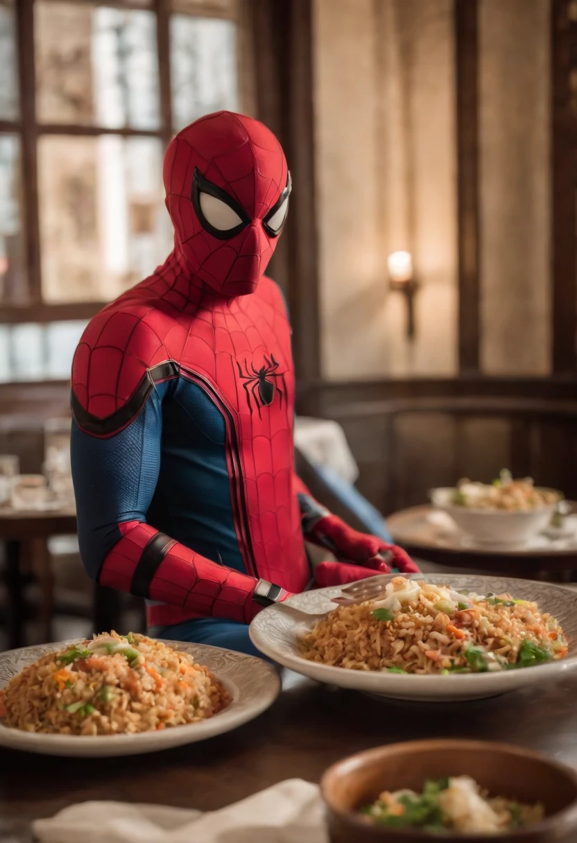 Cinematographer, ultra realista, Ropa detallada, Bellamente detallado, UHD, HDR, Altas Resoluciones, ultra detallado, Detalles intrincados, Efectos texturales, absurdos, obra maestra, 8k:1.2. En esta imagen, vemos a Spider-Man en un inusual descanso de sus actividades heroicas. He's standing in a chic Asian restaurant in his iconic costume..................... Spider-Man holds a bowl of Chinese fried rice mixed with oriental stir-fried noodles in his hands skillfully.., usando unos elegantes palillos chinos para llevar un bocado a su boca. The plate is full of fried rice, salteado. The restaurant is decorated with traditional Chinese elements, como linternas rojas colgando del techo y dragones dorados esculpidos en las paredes. The dim light of the lanterns creates a warm and welcoming atmosphere in the place.
