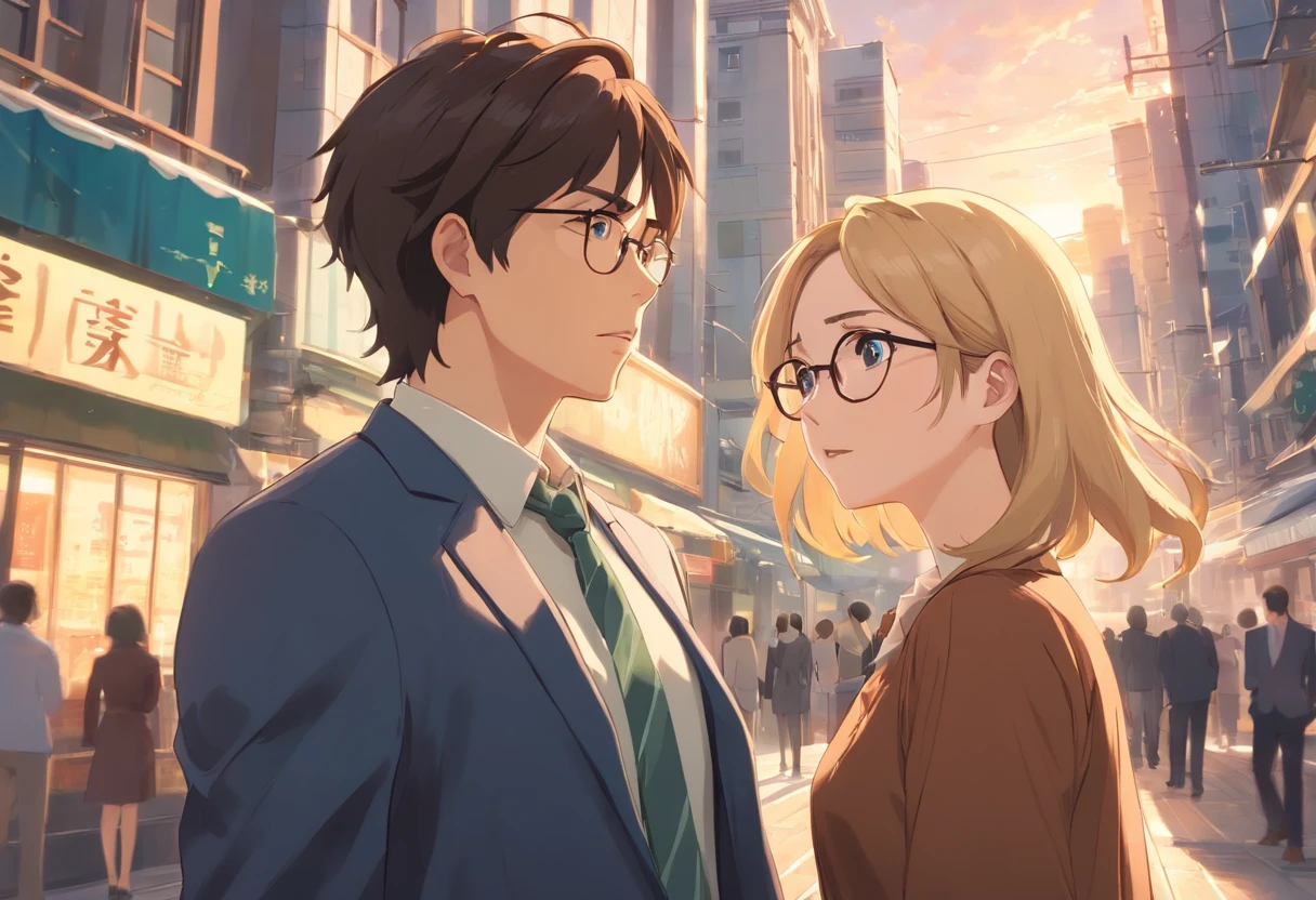 25-year-old man and woman staring in amazement, standing still, Just the two of them. Woman in brown shabby dress with long blonde hair glasses, Bare-faced black-haired man in suit, Not wearing glasses、In the middle of the city.