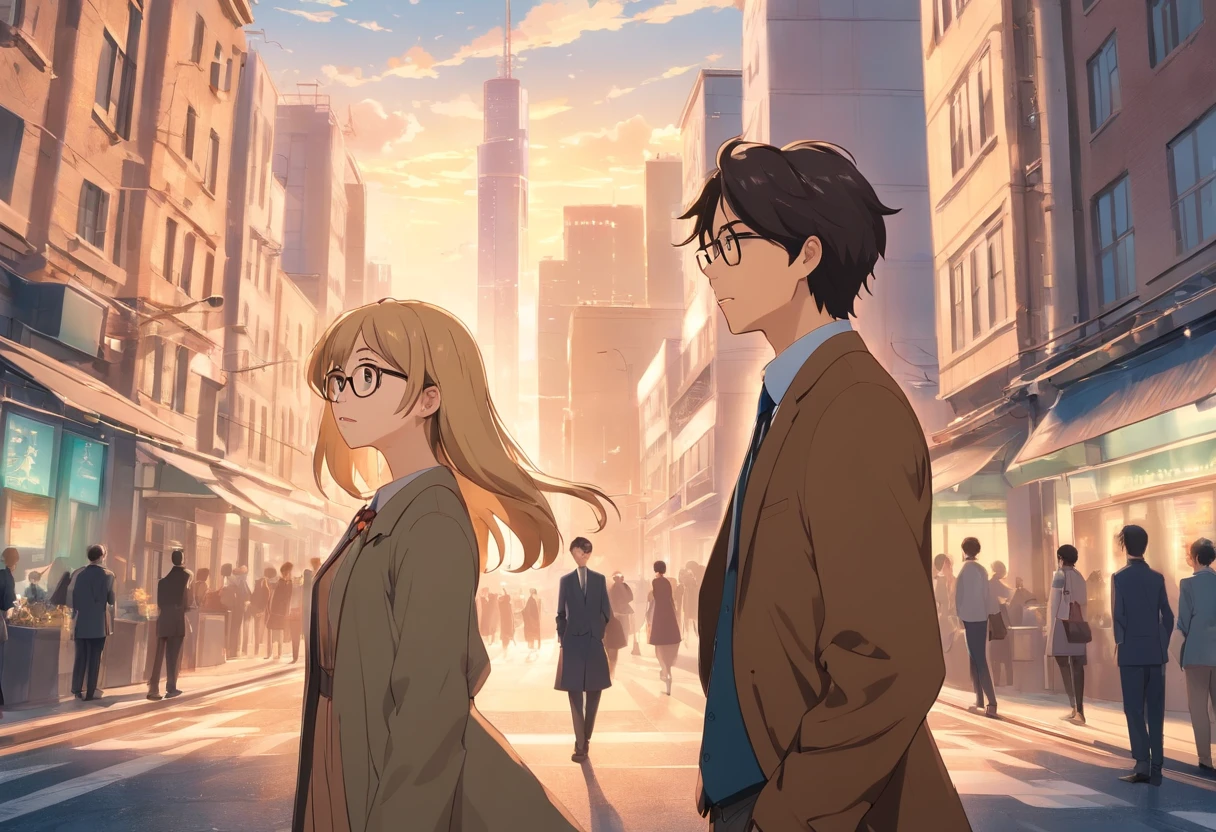25-year-old man and woman staring in amazement, standing still, Just the two of them. Woman in brown shabby dress with long blonde hair glasses, Bare-faced black-haired man in suit, Not wearing glasses、In the middle of the city.