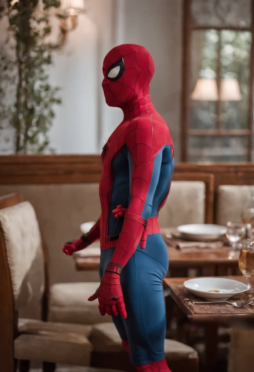Cinematographer, ultra realista, Ropa detallada, Bellamente detallado, UHD, HDR, Altas Resoluciones, ultra detallado, Detalles intrincados, Efectos texturales, absurdos, obra maestra, 8k:1.2. En esta imagen, vemos a Spider-Man en un inusual descanso de sus actividades heroicas. He's standing in a chic Asian restaurant in his iconic costume............................ Spider-Man holds a bowl of Chinese fried rice mixed with oriental stir-fried noodles in his hands skillfully.., usando unos elegantes palillos chinos para llevar un bocado a su boca. The plate is full of fried rice, salteado. The restaurant is decorated with traditional Chinese elements, como linternas rojas colgando del techo y dragones dorados esculpidos en las paredes. The dim light of the lanterns creates a warm and welcoming atmosphere in the place.
