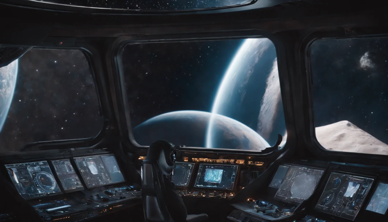 The exterior of the spacecraft. From the window you can see the scenery of the alien planet, The entire space is filled with work consoles with electronics and screens, Full-HD