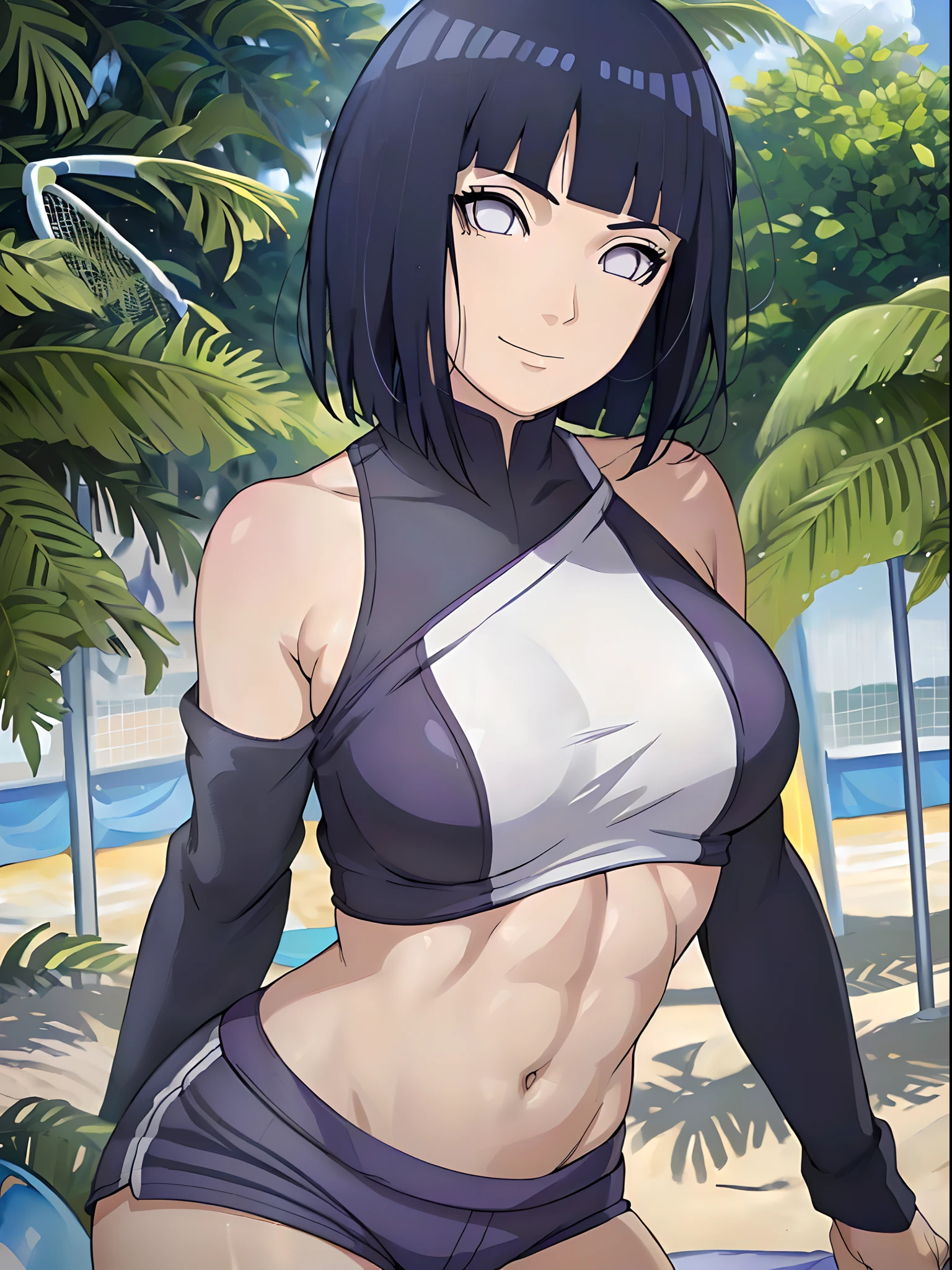 (WALLPAPER,  (hinata\(boruto\), (sport shorts), masterpiece, 4k, vector coloring, whole body shot, (high color saturation), contrast lighting, mature female, (curvy:0.8), solo, anime style, sharp focus, professional artwork, intricate details, colorful, vibrant colors, vivid colors, digital blending, ultra detailed body, ultra detail hair, ultra detail face, trending on pixiv, very hot colors, (((beach background, outdoors))), detailed bold arm lines, high color saturation, bold lines, bold drawing lines),
(((leaning forward)), (head tilt), closed mouth, kind smile, extremely happy),
((dark blue hair color:1.1), wavy hair, ((short hair, hime cut)),
(perfect eyes, white sciera, bright eyes, white eyes, anime eyes, smoky eyeliner, eyeshadow)
(white skin, (fair skin), slender body, milf, perfect face),
(legs, big breasts, off-shoulders, (detailed shoulders, biceps lines)), 
(bare shoulders, bare legs, (closed fists), 
(((white sport top))))