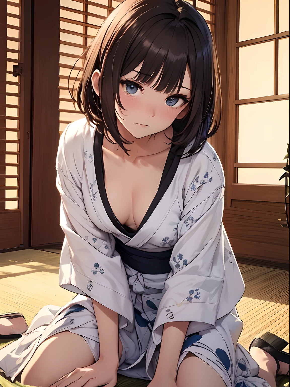 (masutepiece), Top quality ultra-detailed CG art, Dignified and beautiful women's yukata, White marriage, Beautiful facial features, Vivid eyes, Sexy atmosphere, Scene with hair swaying。(Shots focused on a small area), A body shape that remains young, Beautiful brown hair in bob, Kneeling posture, An expression that makes you feel a commotion in your chest, night landscape、Atmosphere like a Showa idol、Fluffy beds、