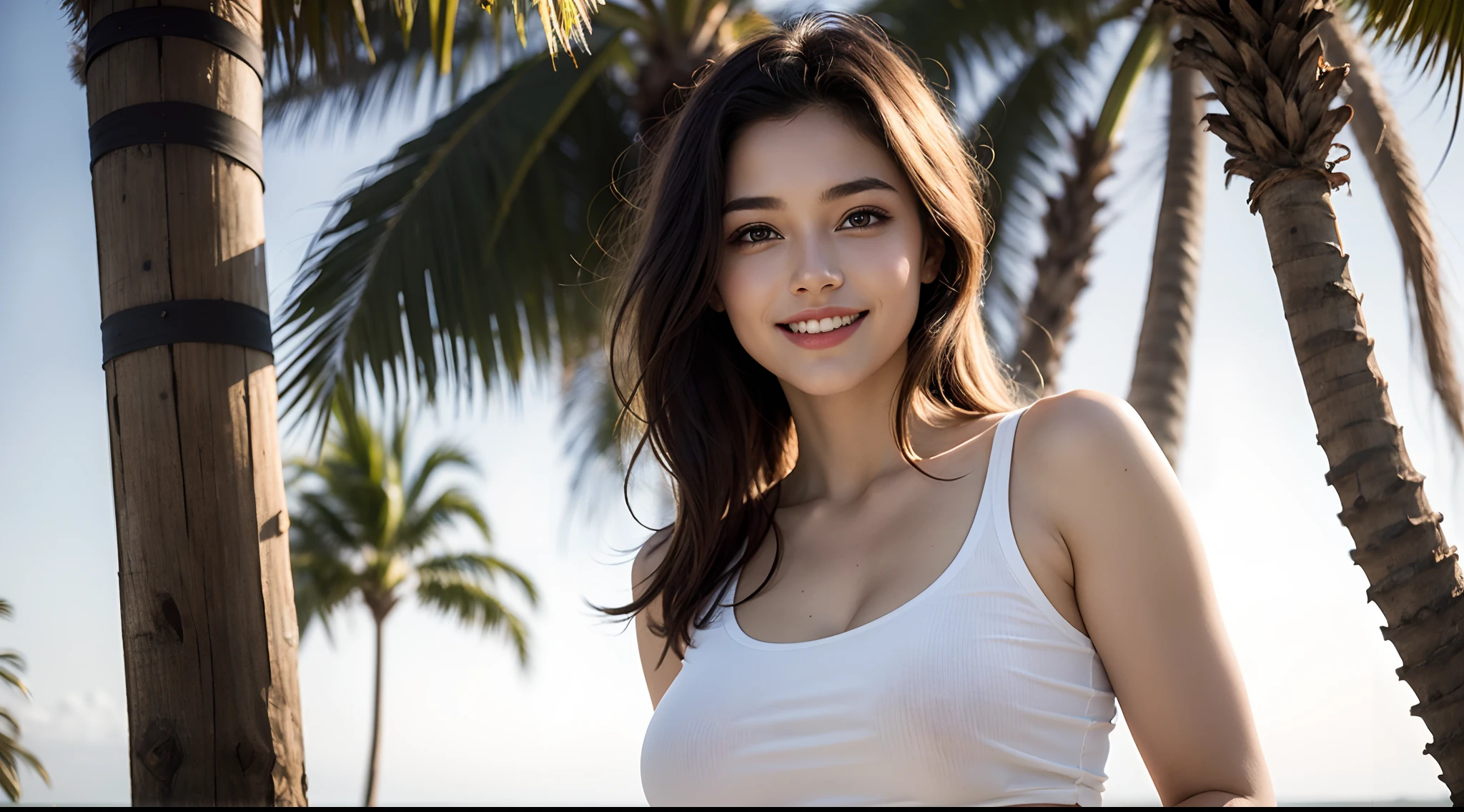 1 Young Girl, Super beautiful detail face, Looking at me, Open your mouth slightly,, shy smile, Multiple girls, Raw foto, (Best Quality:1.2), masutepiece, 8K, high detailed, Hight Resolution, With the highest quality, High Definition RAW Color Photography, professional photoshooting, Cinematic light, (fair face:1.2), (Beautiful Tits:1.2), Beautiful Tits, (boxer shorts), (((Bokeh))), depth of fields, (view from below:1.2), (Super Definition CG Unified 8k Wallpaper), (Masterpiece), (Best Quality), (super definition), (Best Illustration), (best shadows), Ultra High Definition, (Photorealistic:1.4), (super oversized shirt, No bra, 鎖骨, Big, Big, Big, Big, look at the viewer, light grin smile, upper half body, makeups, Sunny weather, seaside, waves, palm tree, White tank top and ripped shorts, seaside, waves, palm tree, seaside, waves, palm tree, seaside, waves, palm tree, seaside, waves, palm tree,