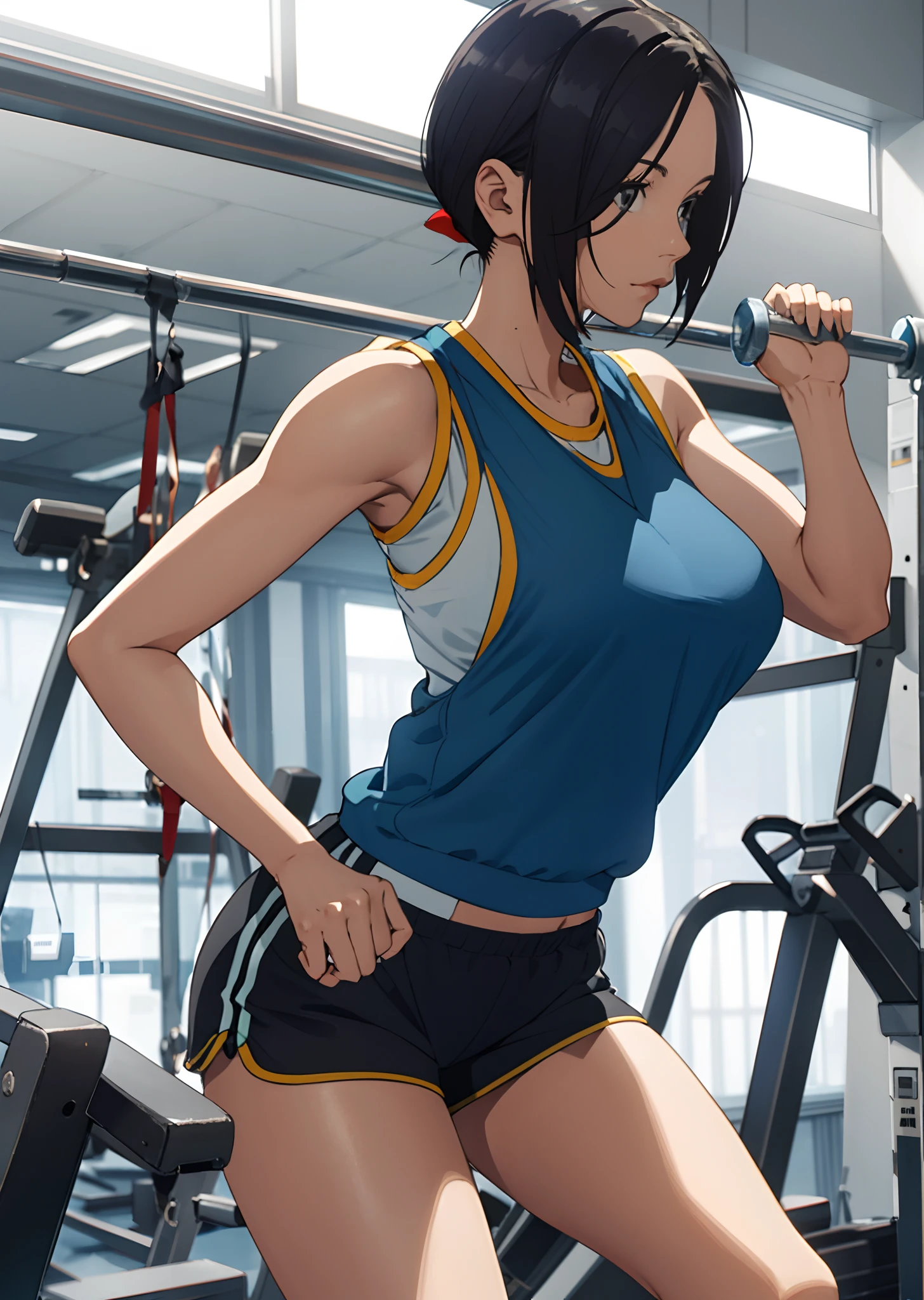 Perfect Body Beauty: 1.4, Slim Abs: 1.1, gigantic cleavage breasts, highest quality, cute face, skinny body, slender, full body, nipple, cute Korean female, short hair, Beautiful skin, she wearing only short tight mini small denim skirt, dancing, Stand facing side, naked , in gym, Best Quality, ultra detailed body, Ray tracing, photograph