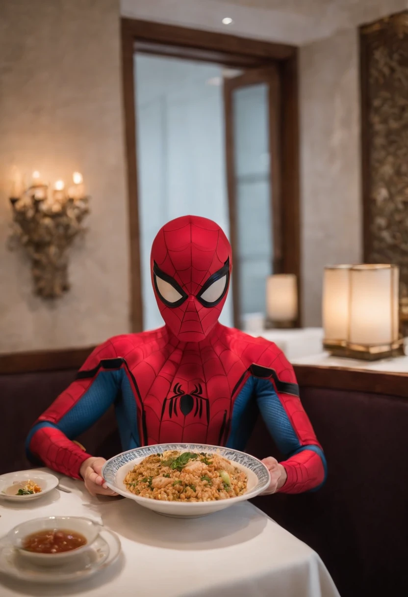 Cinematographer, ultra realista, Ropa detallada, Bellamente detallado, UHD, HDR, Altas Resoluciones, ultra detallado, Detalles intrincados, Efectos texturales, absurdos, obra maestra, 8k:1.2. En esta imagen, vemos a Spider-Man en un inusual descanso de sus actividades heroicas. He's standing in a chic Asian restaurant in his iconic costume...................... Spider-Man holds a bowl of Chinese fried rice mixed with oriental stir-fried noodles in his hands skillfully.., usando unos elegantes palillos chinos para llevar un bocado a su boca. The plate is full of fried rice, salteado. The restaurant is decorated with traditional Chinese elements, como linternas rojas colgando del techo y dragones dorados esculpidos en las paredes. The dim light of the lanterns creates a warm and welcoming atmosphere in the place.