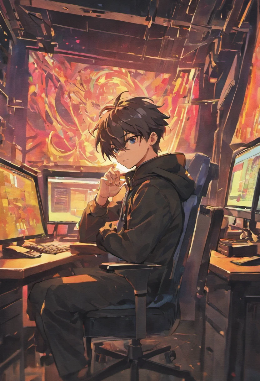 Potrait of a 25 years old man sitting in a chair in a studio, looking straight and center, colourful cyberpunk, wears face mask, center potrait, sitting straight, front view, potrait, center looking at straight, laptop on a table In front of him