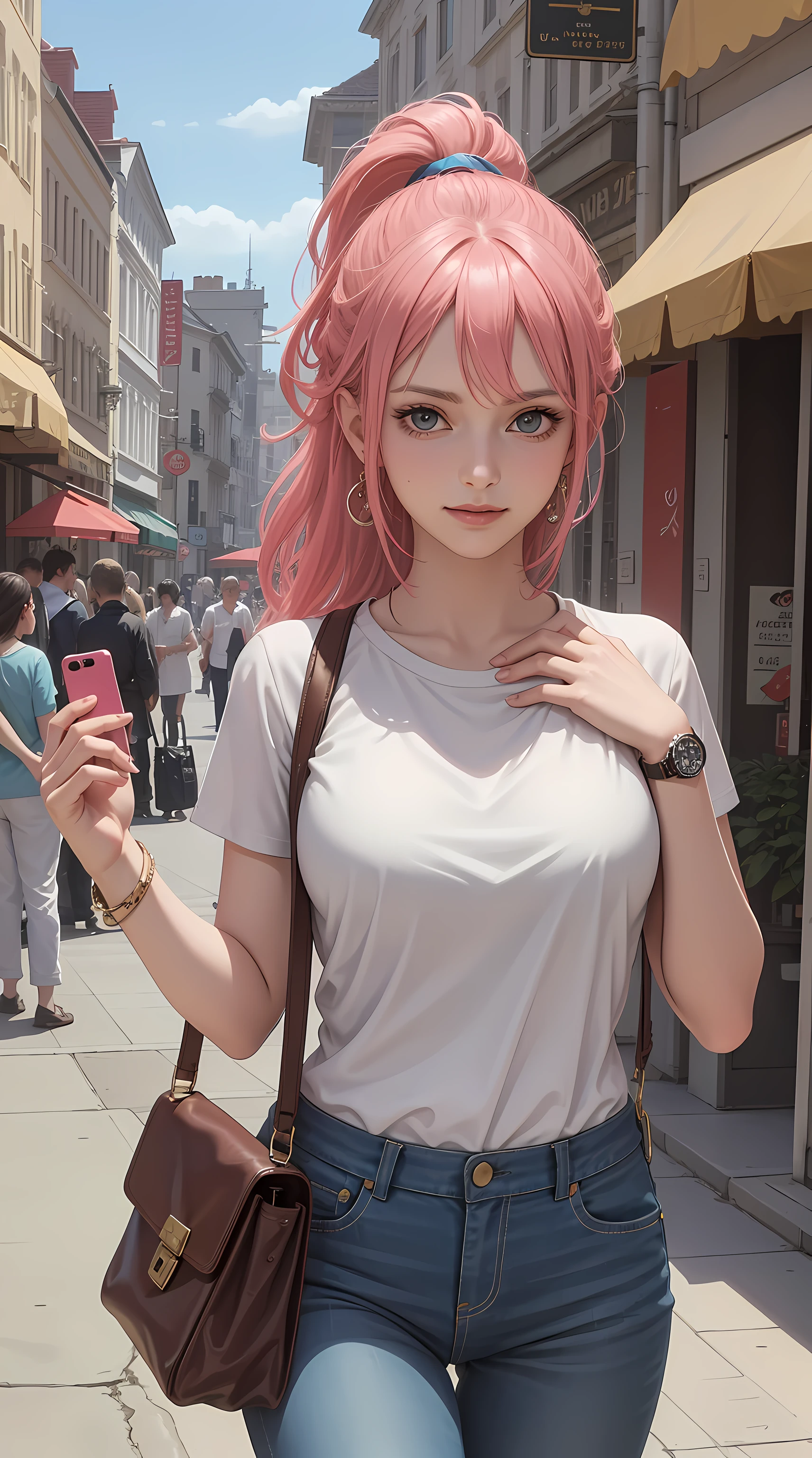 Rebecca from One Piece anime, long hair, pink hair, ponytail, beautiful, beautiful woman, perfect body, perfect breasts, wearing oversized white t-shirt, short jeans, wearing handbag, watch, wearing earrings, convenient store there, department store, ponytail, looking at the viewer, a slight smile, realism, masterpiece, textured leather, super detailed, high detail, high quality, best quality, 1080p, 16k