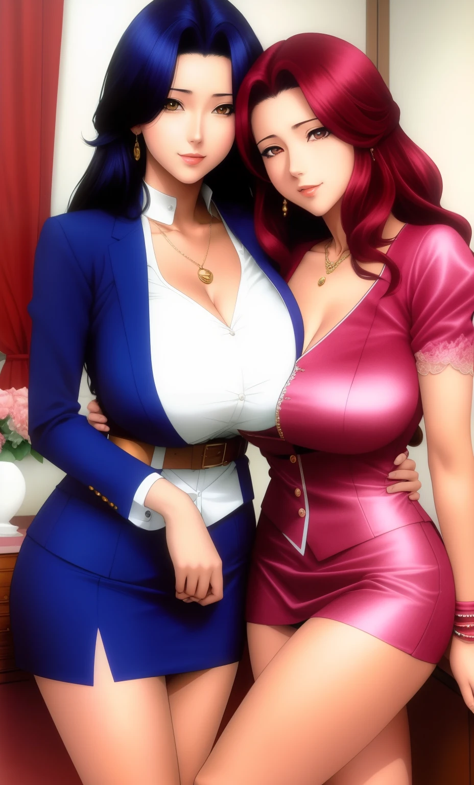 tmasterpiece，best qualityer，(There are only two people:1.3)，Absolutely beautiful，Two mature women，hugs，huge tit,  ecchi anime style, ecchi style, full color manga visual style, Shoujo Manga