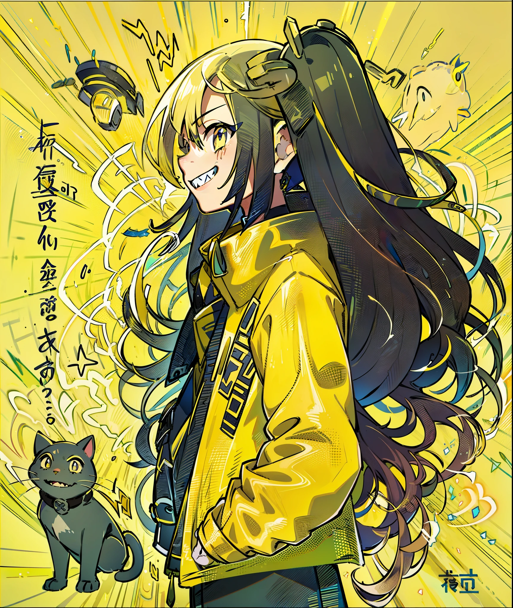 iono1, yellow jacket, long hair、a smile、Stay with the cat
