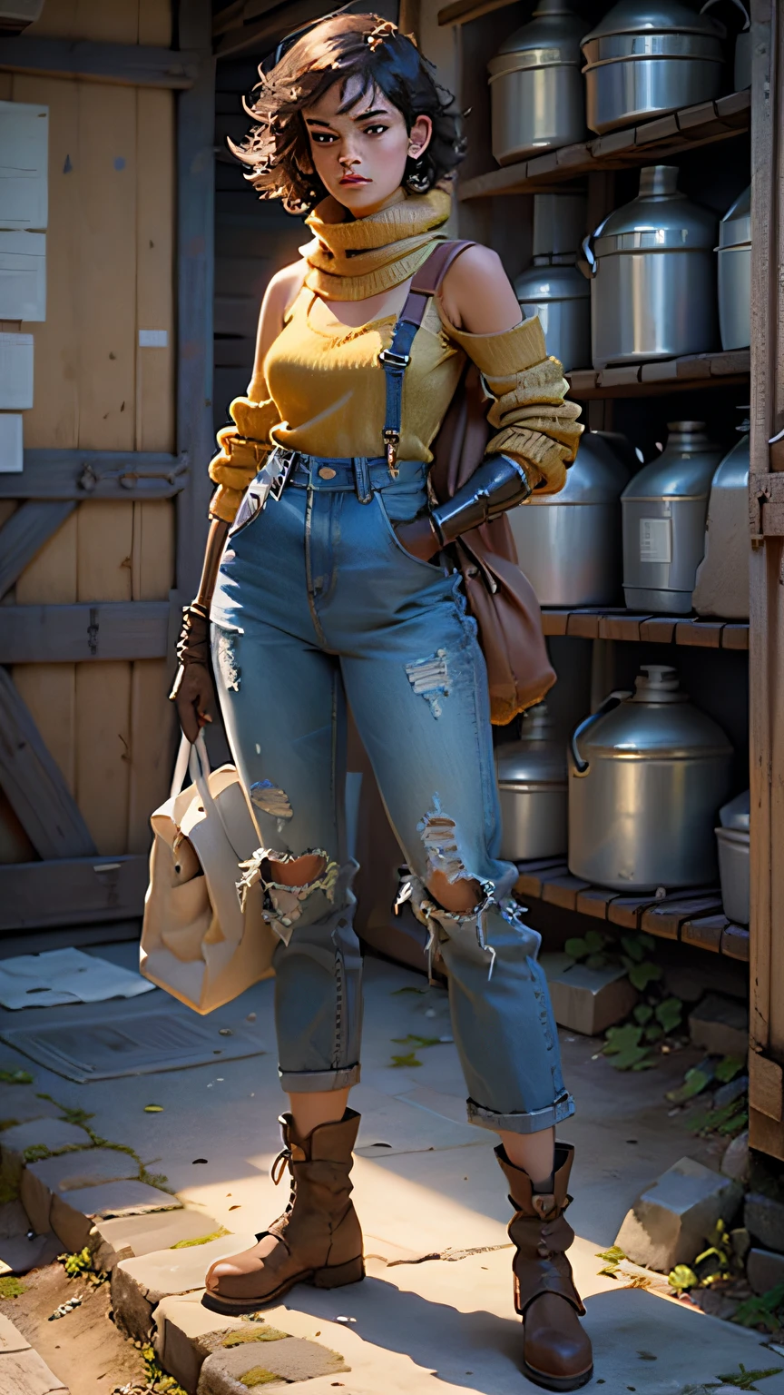 Mulher bonita cabelo curto corpo definido seios grandes, superhero character, protetor da natureza. Estilo cartoon, corpo inteiro, alto contraste, ultra-detalhado, estilo Pixar, wears faded denim overalls, cozy knit sweater, colorful patchwork scarf wrapped around neck. On the feet, botas de trabalho resistentes, In the hands, protective gloves, personagem 3D pixar, colorido, fotografia