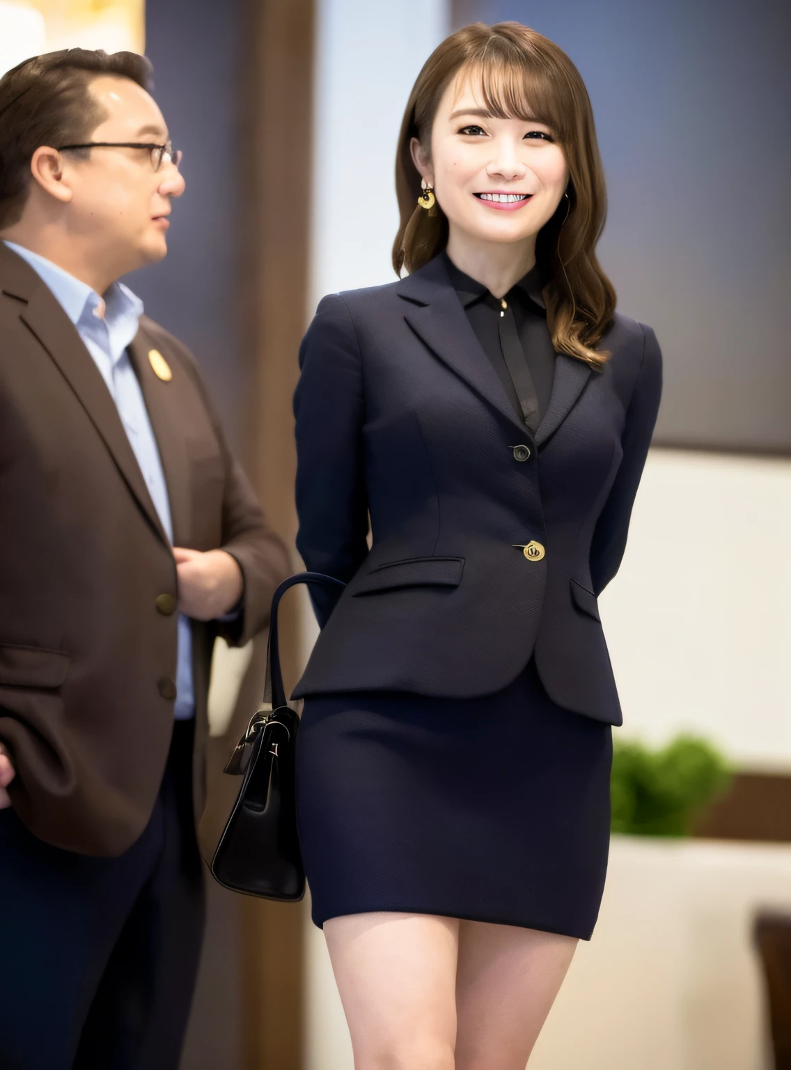 (8k, Best Quality, Masterpiece:1.2), (Realistic, Photorealistic:1.37), Ultra Detail, 1 Girl, Full Body, Outdoor, (Adjusted Hair:1.5) Office Lady, Black Office Blazer, Office Skirt, (pantyhose: 1.2), (short button-down shirt: 1.2), button-up collar prim, button-down collar prim, bra, (pantyhose: 1.2), alpha layer, high heels, beautiful earrings, cute, solo, beautiful detailed sky, (smile: 1.15), (closed mouth), small breasts, beautiful detailed eyes, business attire, (short hair: 1.2), floating hair NovaFrogStyle,