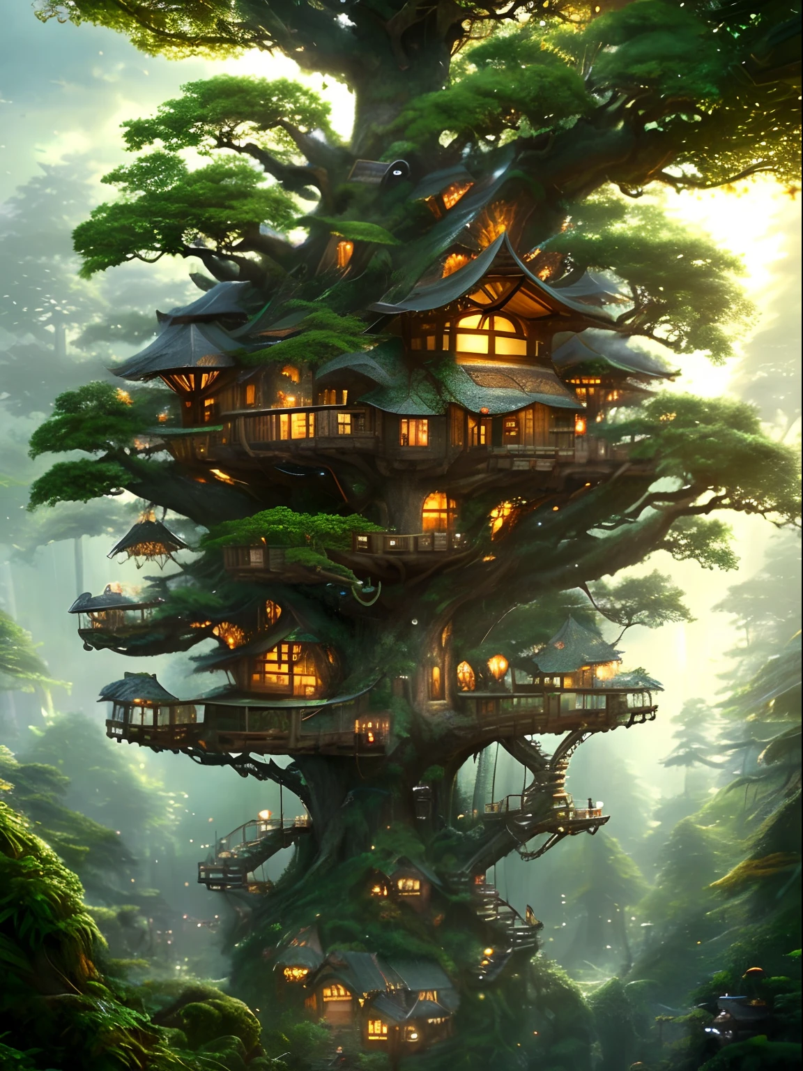 a tree house with lights on it in the middle of a forest, tree house, cyberpunk tree house, treehouse, tree town, fantasy tree, bonsai tree house, 4k highly detailed digital art, incredibly high detailed, made of tree and fantasy valley, the battle for the treehouse, 8k high quality detailed art, very high detailed, beautiful detailed fantasy, floral jungle treehouse