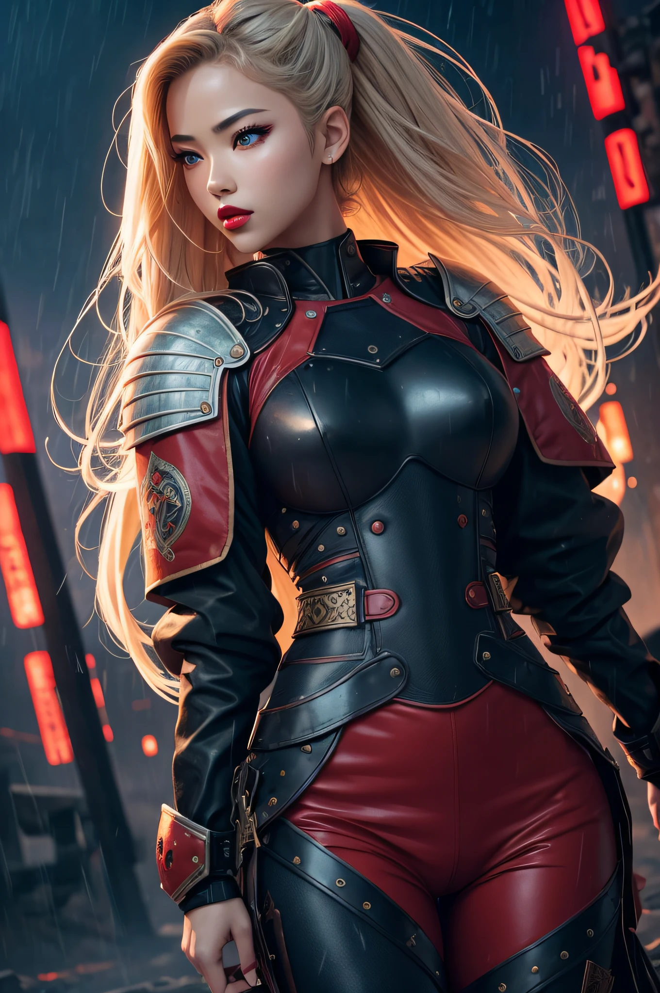 full human figure, beautiful young asian girl knight, full figure, hands and feet visible, bombshell, bomber, tall, slim, black 17th century wears skin - tight Japanese body armor, standing on a deserted battlefield, clothes torn, stained with red paint, night, starry storm, rain, fog, eerie lighting, very long blond hair, blue eyes, full red lips, light skin, hair blowing in the wind, ultra - realistic skin texture, sensual curves, sensual gaze, high quality, anime style high - definition, extremely intricate details, bright neon colors, creative perspective