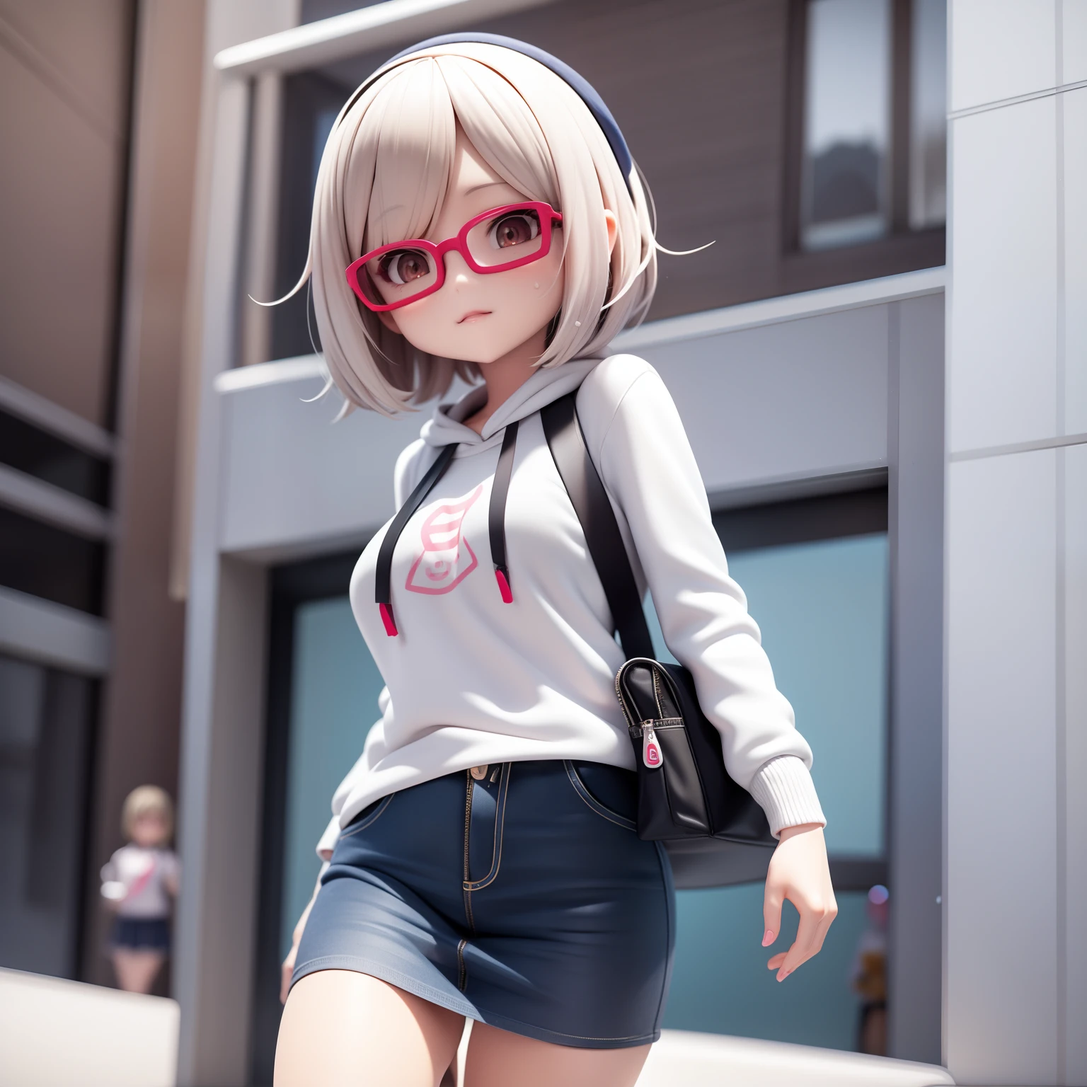 Short Bob Girl、Wearing glasses、Woman in hoodie standing facing the front, render of a cute 3d anime girl, a hyperrealistic schoolgirl, photorealistic anime girl render, anime styled 3d, a hyperrealistic schoolgirl, realistic anime 3 d style, 3 d anime realistic, young anime girl, portrait of cute anime girlbabes, 8K portrait rendering, 3d anime girl