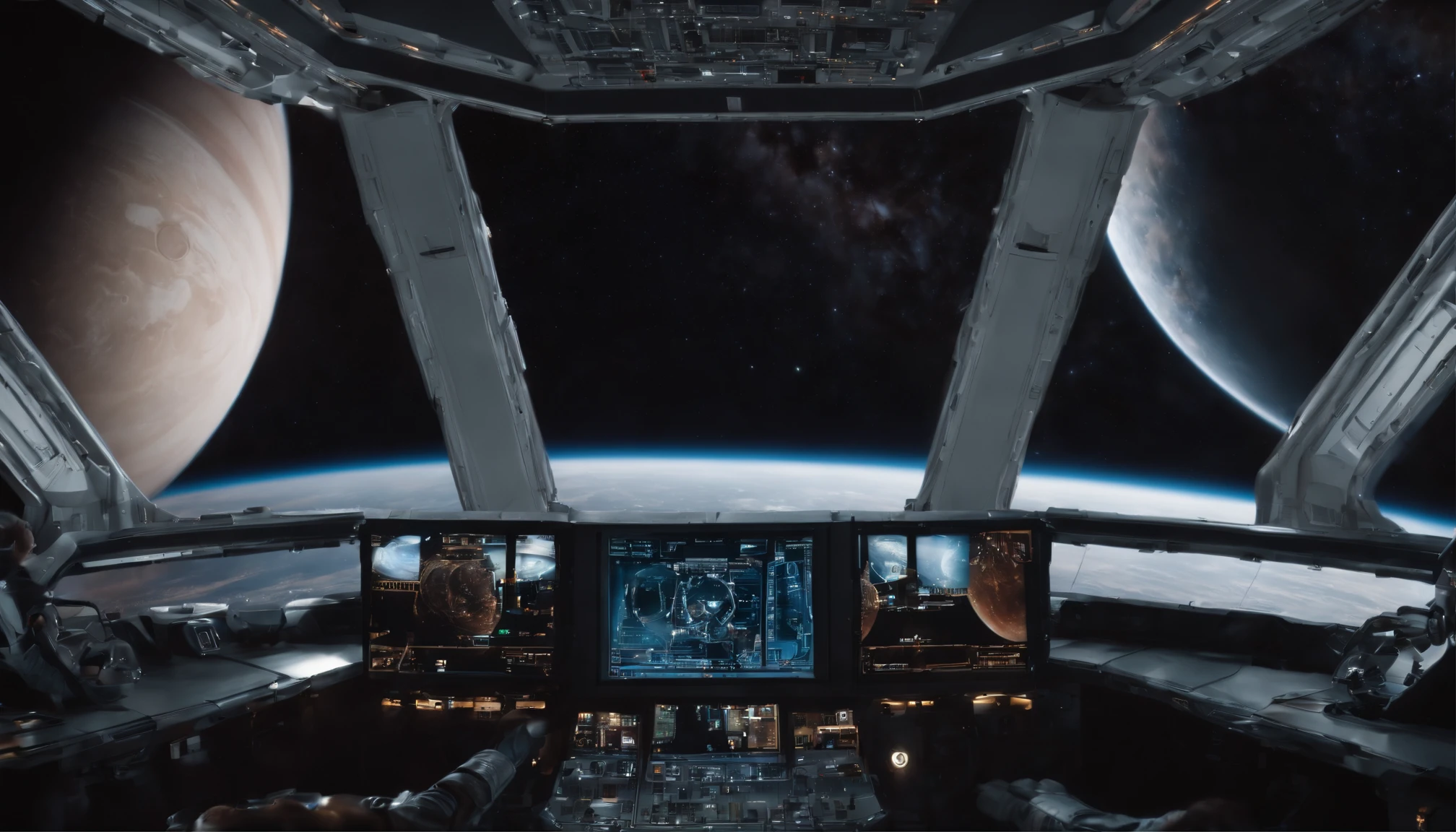 The exterior of the spacecraft. From the window you can see the scenery of the alien planet, The entire space is filled with work consoles with electronics and screens, Full-HD