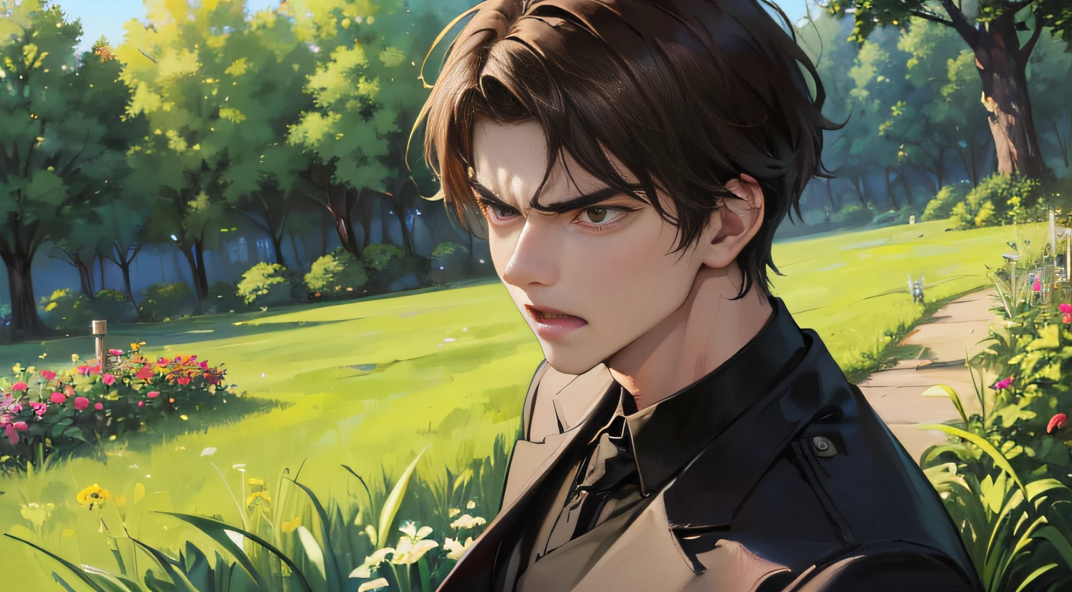 (A boy,A young boy,An 18-year-old boy),(Wearing a black suit),(with short black hair),(with brown eye),(with a handsome face),(Angry,Angry expression,Angry face),(His head hit the dark brown stone),(En plein air,Outdoors,open air),(on the garden,In the grass,In the bushes)