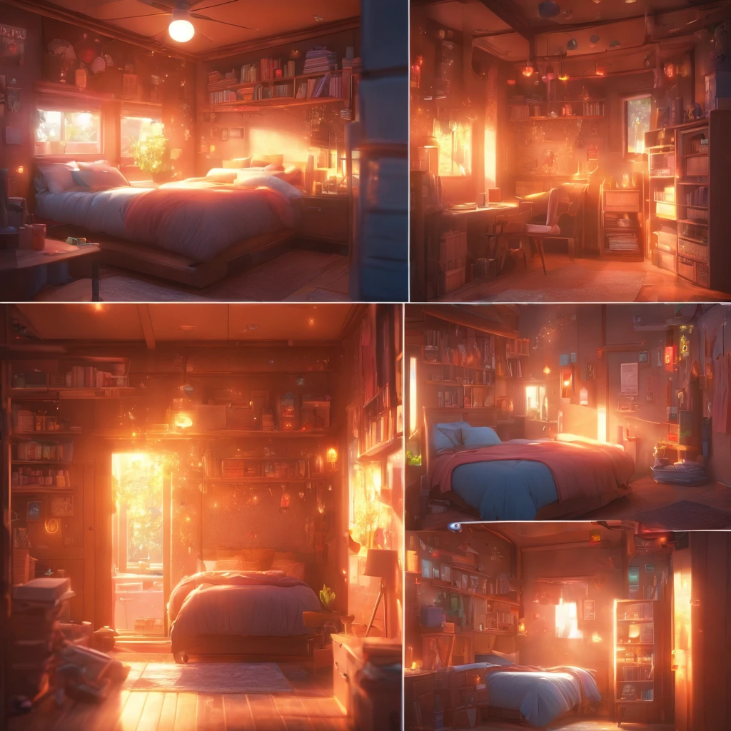 (Pixar style),Cozy small room model, Miniature character model, Light source from right to left, Rum lighting, Light source from right to left, (iso-distance view), (Top down), Realistic proportions, Post-processing, ((Orthogonal perspective)), Super detail, Realistic, Super realistic, photoreal render, Irridescent color, glitters