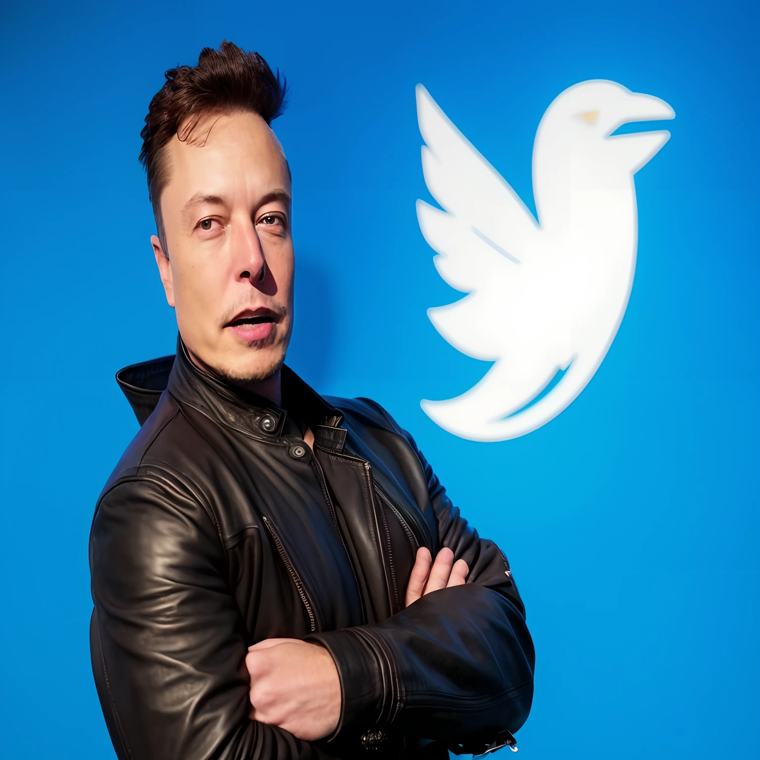 a close up of a man in a leather jacket standing in front of a blue background, elon musk, black elon musk, musk ( 2 0 2 4 ), elon musk in fortnite, elon musk as a skyrim character, elon musk as a musketeer, elon musk in attack on titan, trending on twitter, elon musk as joker, viral on twitter