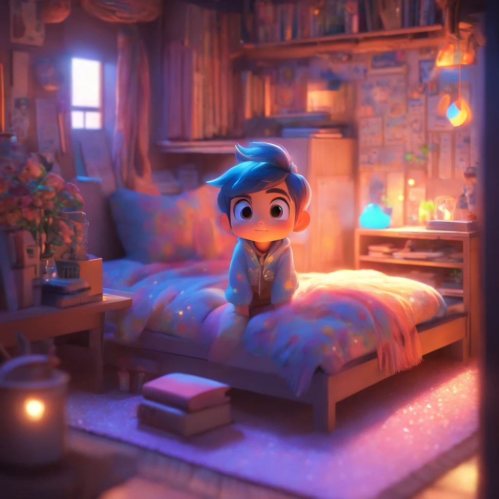 （Pixar style),Cozy small room model, Miniature character model, Light source from right to left, Rum lighting, Light source from right to left, (iso-distance view), (Top down), Realistic proportions, Post-processing, ((Orthogonal perspective)), Super detail, Realistic, Super realistic, photoreal render, Irridescent color, glitters