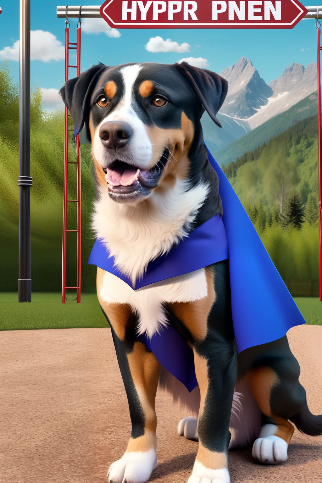 A Swiss Mountain Dog is at a dog park, wearing a superhero cape. The dog is standing on a small stage with a sign that says, "Dog Talent Show." Hyper-realistic, 8K, Ultra HD, Pixar style, Disney style, CINEMA 4D, -- ar 3:2 --auto --s2