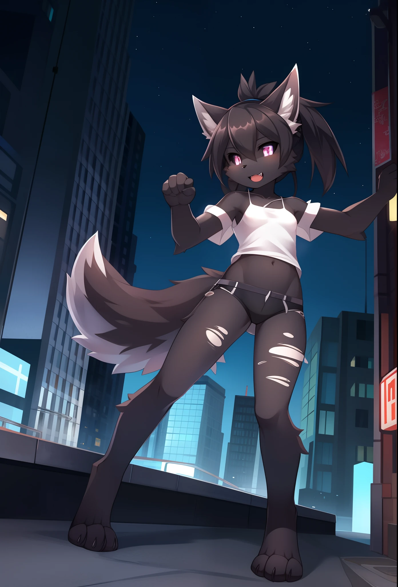 Furry girl, Young, wolf, black sclera, White eyes, black messy hair, long spiky ponytail, clear black body fur, fangs, black bikini, paws whit three toes, full body, city street, night sky, glistering body, shiny body, skinny, high quality, masterpiece, small breasts,nworn and torn clothes, white t-shirt with fallen sleeves,