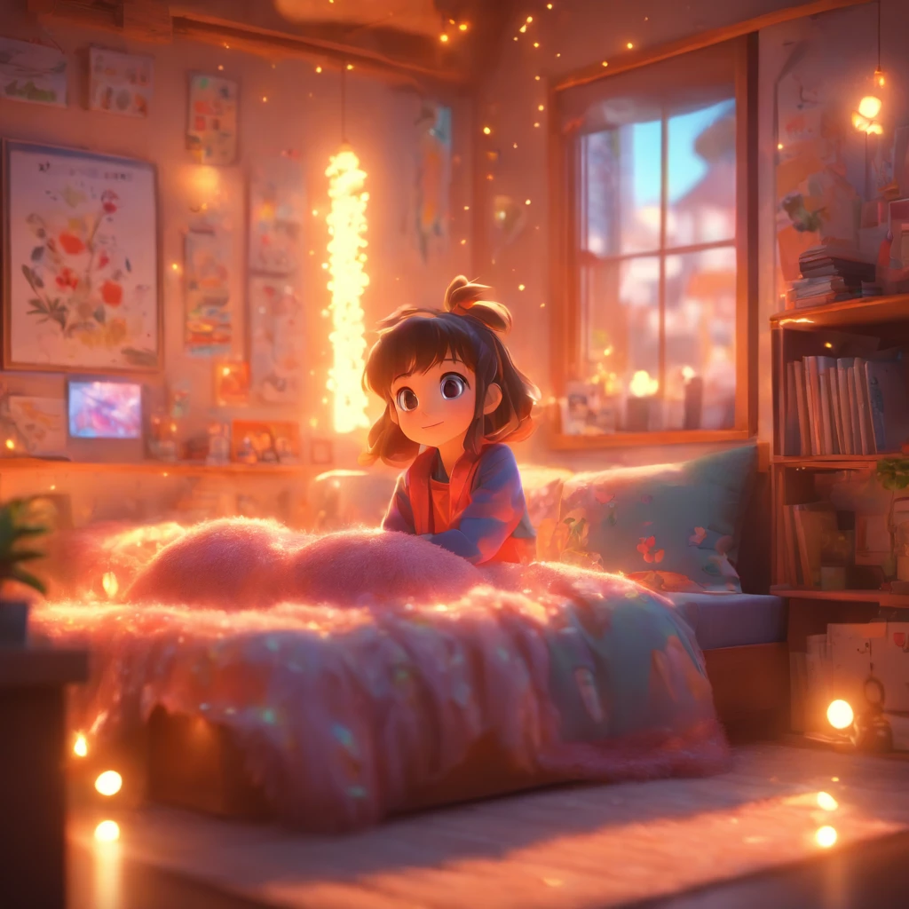 （Pixar style),Cozy small room model, Miniature character model, Light source from right to left, Rum lighting, Light source from right to left, (iso-distance view), (Top down), Realistic proportions, Post-processing, ((Orthogonal perspective)), Super detail, Realistic, Super realistic, photoreal render, Irridescent color, glitters