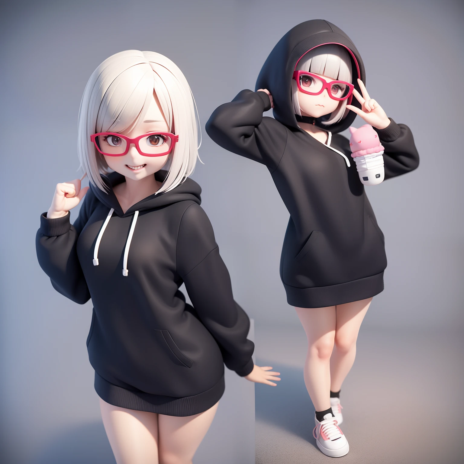 Short Bob Girl、Wearing glasses、Woman in hoodie standing facing the front, render of a cute 3d anime girl, a hyperrealistic schoolgirl, photorealistic anime girl render, anime styled 3d, a hyperrealistic schoolgirl, realistic anime 3 d style, 3 d anime realistic, young anime girl, portrait of cute anime girlbabes, 8K portrait rendering, 3d anime girl