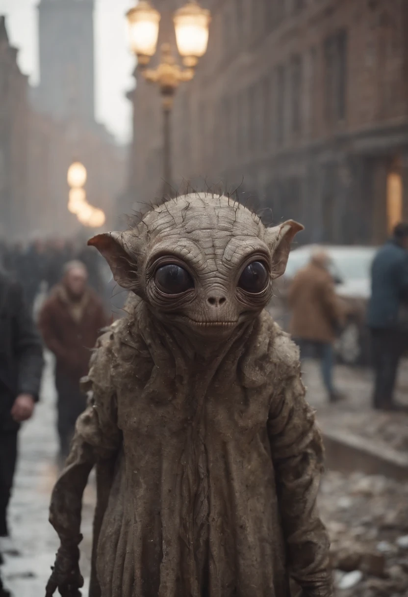 Cosmic horror unknown creature in a devastated city surrounded by misery, world's end is about to come