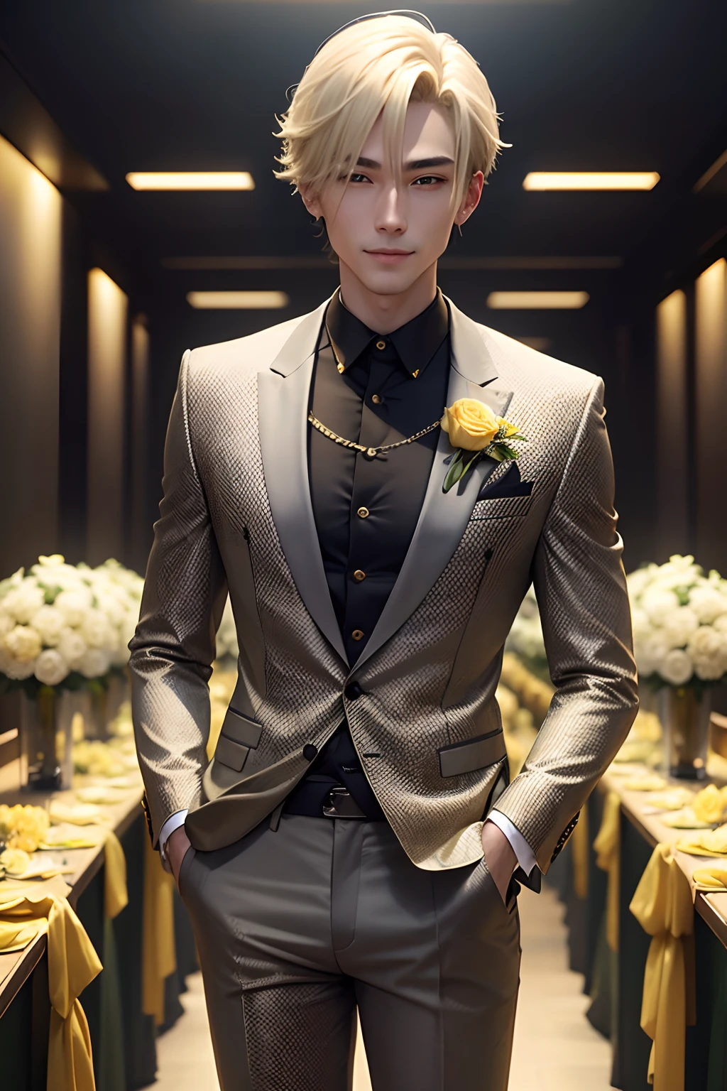 a blond,host,Gray suit,Yellow roses,japanes,male people,Straight hair,Green mesh,slender,A smile,Glittering,Black shirt,red necklace,mirror ball