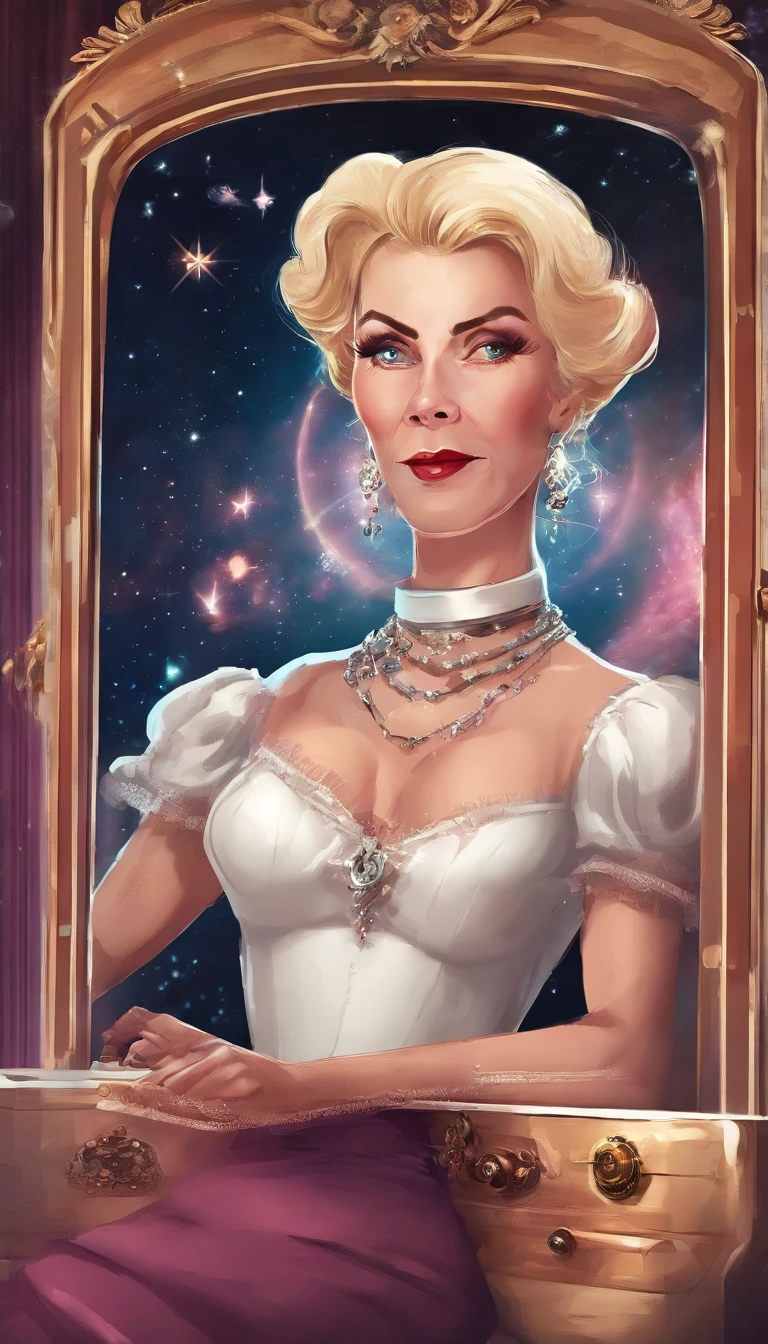 Portrait of a 48-year-old blonde French woman in 1940, period costume, dermis, Sit and take a selfie like a smartphone, (Living room with antique furniture, Moody soft light: 1.2)