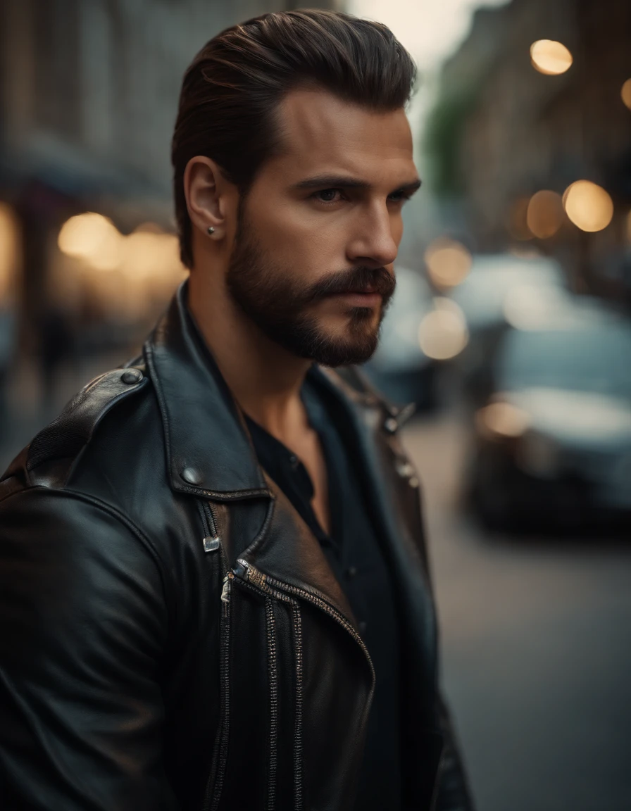Film portrait, ((medium close-up)), Facing the audience, (Reality :1.3), the most beautiful art photo in the world, a man looking into the camera, modern biker clothes, biker party, beautiful face in detail, action shots, (complex :1.4), street background, photorealistic, Daytime, Global lighting, CG, Art Station, Masterpiece, HD photography