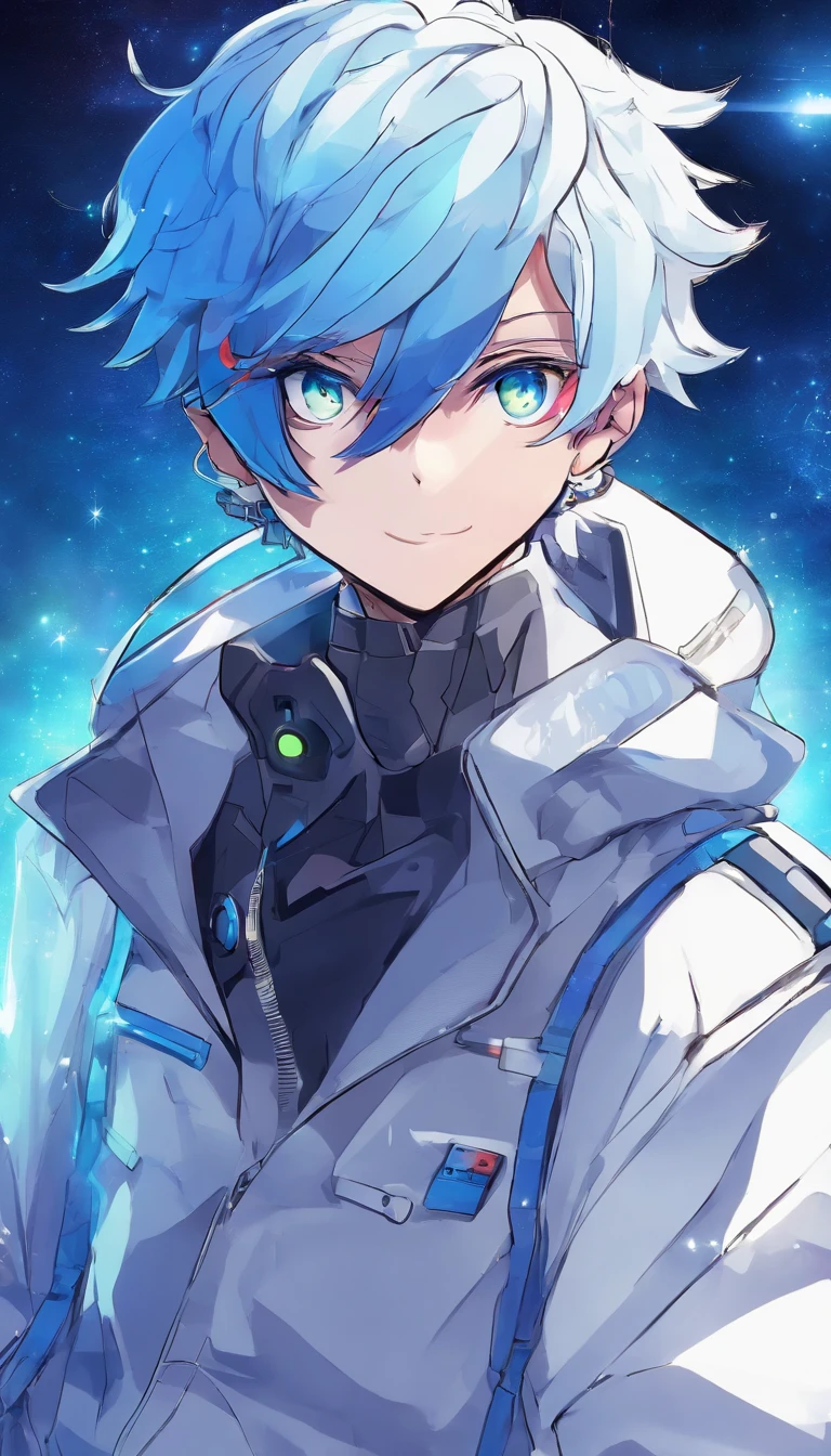Close-up of a blue-haired man in a white jacket, 4D anime style, tall anime face with blue eyes, !! Full body portrait!!, Anime boy, Moe art style anime, A single full-body character, full bodyesbian!!, anime full body illustration, anime style character, full_Body!!, Full body model vtuber anime, Blue Solando with buying affection
