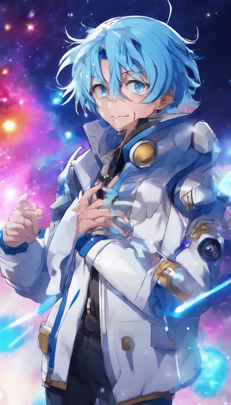 Close-up of a blue-haired man in a white jacket, 4D anime style, tall anime face with blue eyes, !! Full body portrait!!, Anime boy, Moe art style anime, A single full-body character, full bodyesbian!!, anime full body illustration, anime style character, full_Body!!, Full body model vtuber anime, Blue Solando with buying affection
