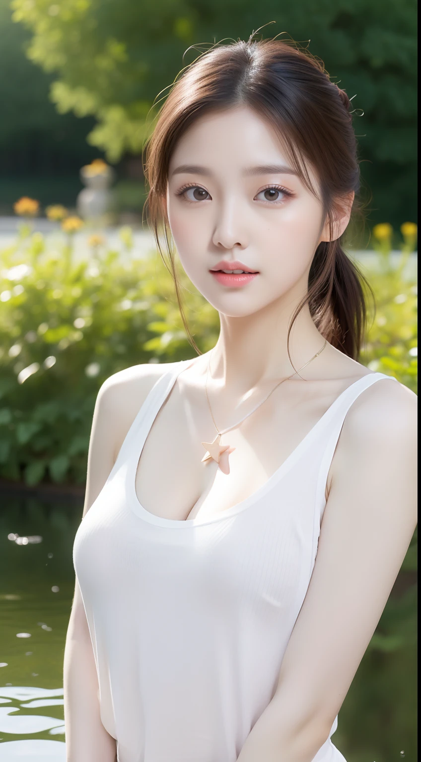 realistic photos of 1 cute Korean star, short ponytail, white skin, thin makeup, 32 inch breasts size, wearing tank top, necklace, in garden, little pond is backdrop, upper body portrait, UHD