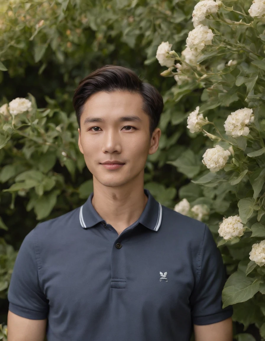 A man standing in front of some flowering plants, polo shirt, (suit), country, contemporary realism portrait photography, genderless, Sony Alpha a7 iii, waves, folk portrait, Asian man, shy, smile,medium shot