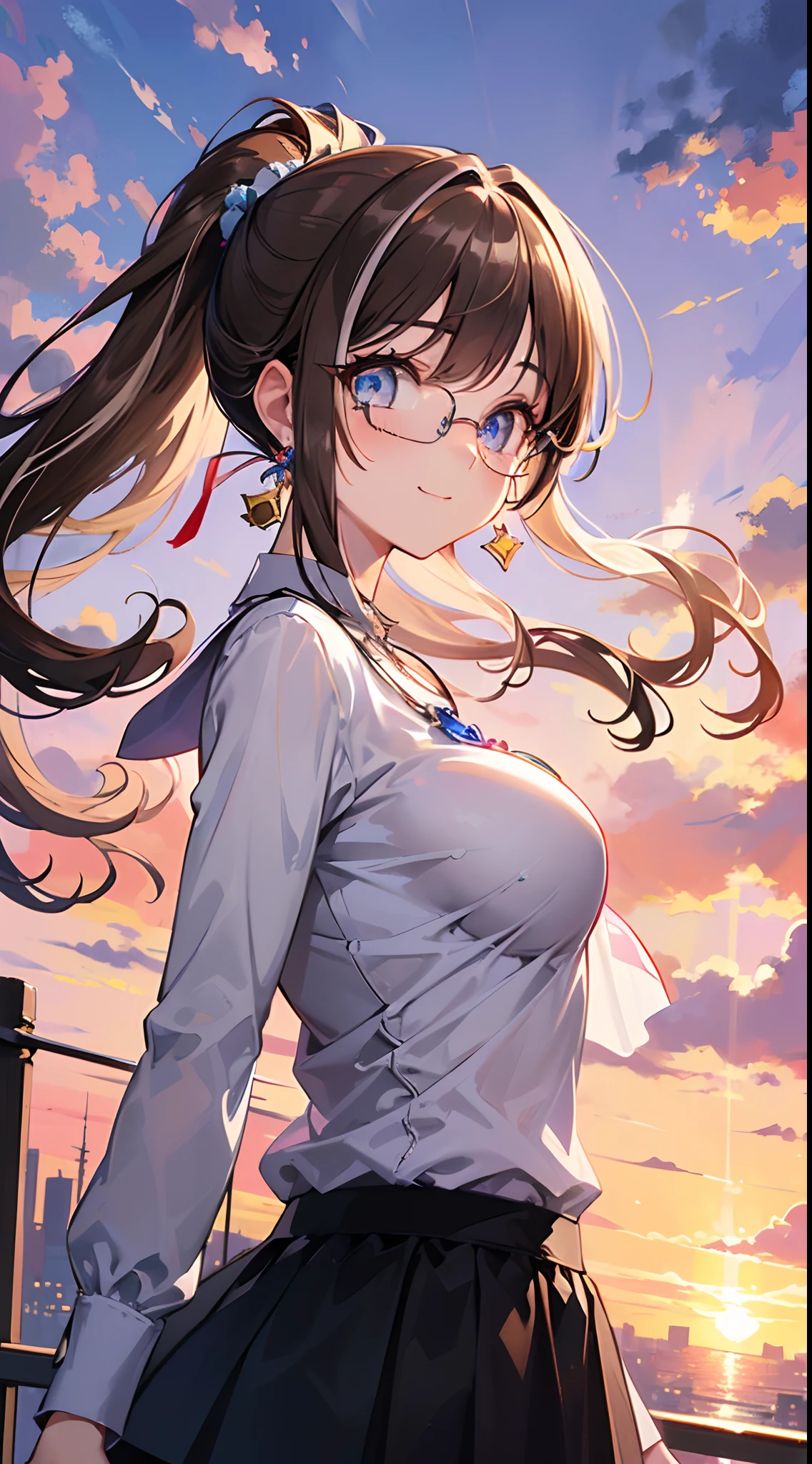 ((masterpiece)), ((best quality)), (ultra-detailed), ((kawaii)), cute, (lovely), ((sexy)), (ero), ((extremely detailed)), 4K, (8K), best quality, (beautiful), anime style, realistic, real, ((cowboy shot)), focus on the face, full body focus, ((on the balcony:1.2)), morning, sunrise, a cute girl, 1girl, solo, pajama, beautiful dark brown hair, beautiful purple eyes, ((beautiful eyes with highlights 1.5)), white-skinned, long hair, buttocks, large breast, wearing underpants, glasses, smile, lens flare, wind effect, shiny-glistening, gleaming, reflection effect