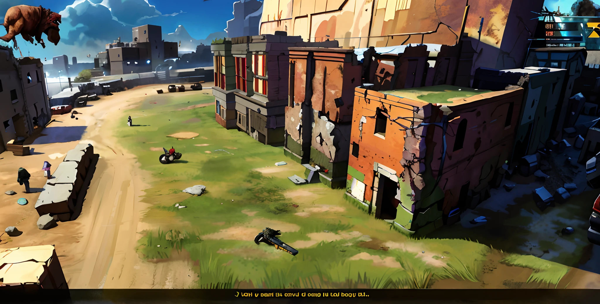 Ruins of a dilapidated city，Dark skies，Burning everywhere，A lot of zombies，zombi, disco elysium style!!!, disco elysium style, Elysium Disco video game, Desolate with zombies, disco elysium, disco elysium concept art, game screenshot, background artwork，Mutated animals，Changes in nuclear radiation，Mutant organisms，zombie