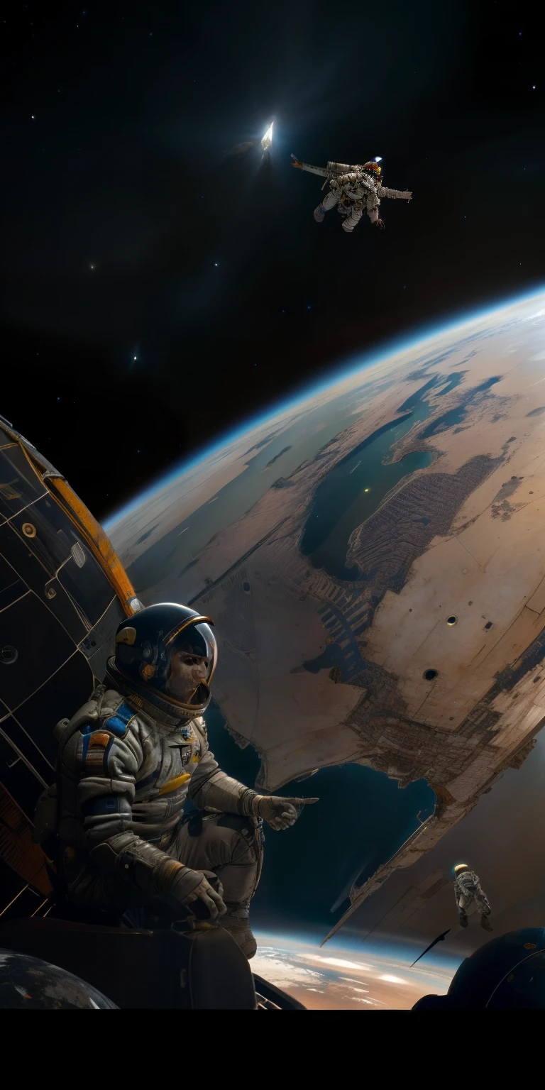 Astronauts fly over the earth in spacesuits，The background is a city, IMAX movie stills, interstellar space suit, gravity, highly cinematic, stunning vfx, dramatic sci-fi movie still, shot for imax, Interstellar movies ( 2 0 1 4 ), great composition cinematic, sci - fi film still, Epic sci-fi movie stills, space walk scene