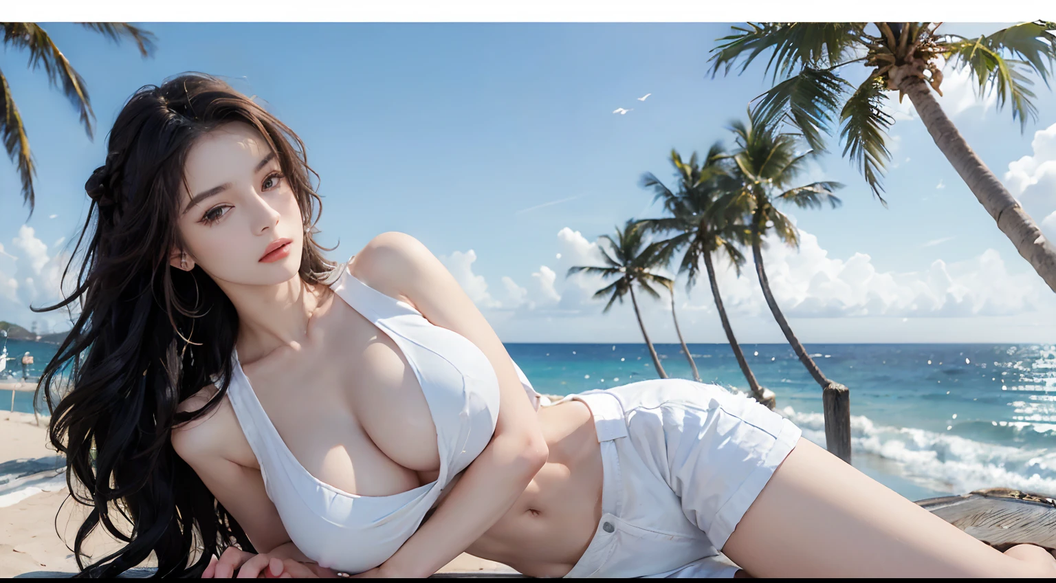 ((best qualtiy, 8K, tmasterpiece:1.3)), edgy:1.2, A beautiful woman with a perfect body:1.4, Slim Abs:1.2, ((Layered hairstyle, tits huge:1.5)), (Aten,the street:1.2),wet:1.5,Highly detailed facial and skin texture,A detailed eye,Double eyelidd,Look at the camera sideways,open shirt,navels,exposed navel,Cover your chest with your hands,hands on breasts, Sunny weather, seaside, waves, palm tree, White tank top and ripped shorts, seaside, waves, palm tree, seaside, waves, palm tree, seaside, waves, palm tree, seaside, waves, palm tree
