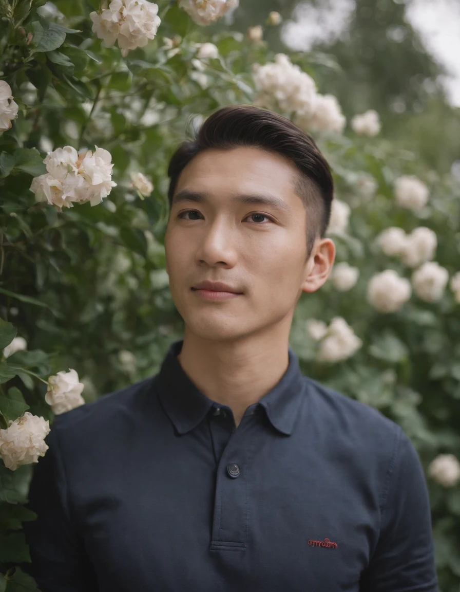 A man standing in front of some flowering plants, polo shirt, dark suit, country, contemporary realism portrait photography, genderless, Sony Alpha a7 iii, waves, folk portrait, Asian man, shy, smile,medium shot