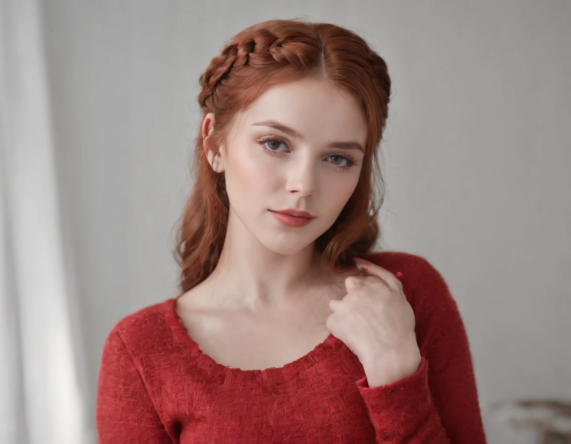 Sophia Stark, 24 years old, beautiful girl, masterpiece, best quality, expressive eyes, perfect face, most beautiful face, pale white skin, red head, French braid hairstyle, hourglass body, in red wollen clothes, red outfit, wide angle view, looking at the viewer, high resolution, sitting in bedroom, perfect body, curvy but fit, wearing red casual clothes, wearing woollen clothes, red colour, extremely detailed