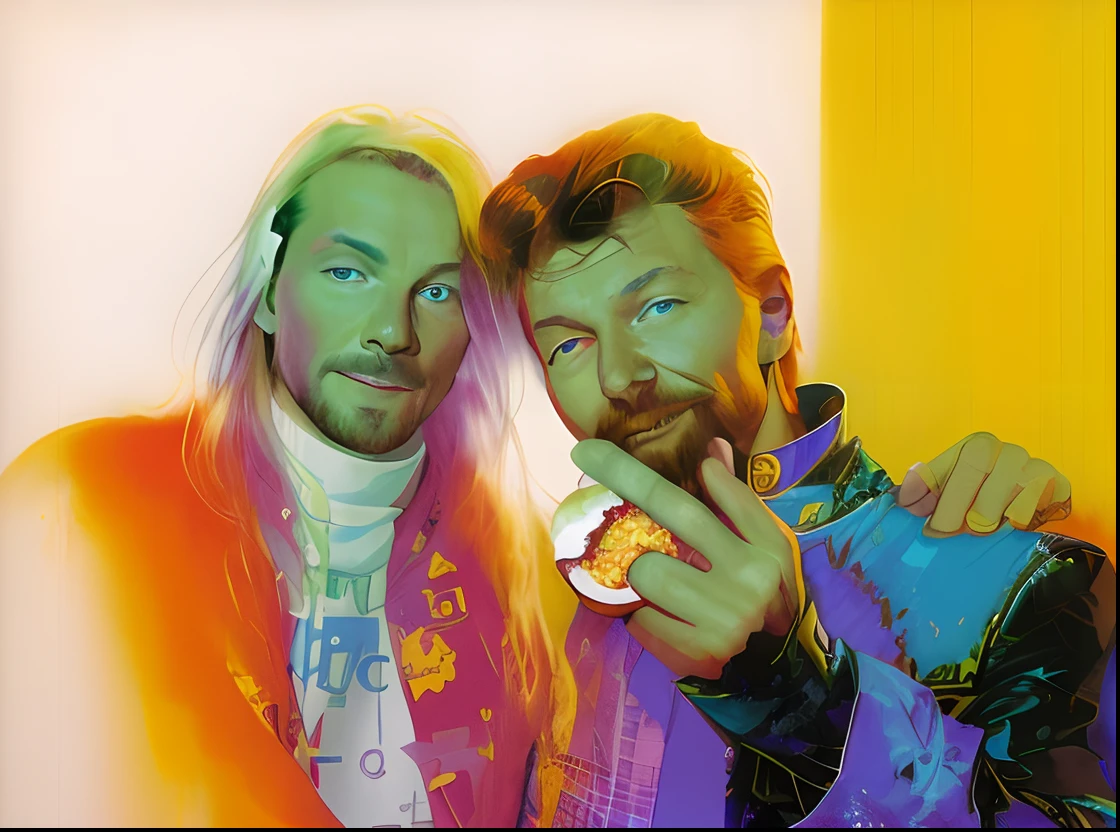 there are two men posing for a picture with a donut, colorful aphex twin, rickroll, thom yorke age 2 5, roger dean and andrei tarkovsky, james jean and clyde caldwell, eddie, greg rutkowski and wayne barlowe, by David Gilmour Blythe, myself, david spade, wayne barlowe and artem demura, conan