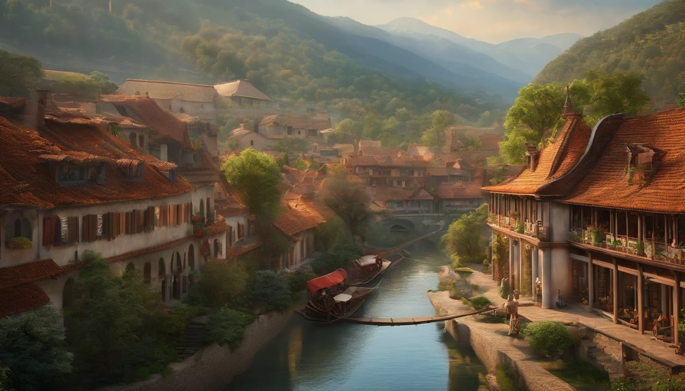 Supermarket with hallways and depth of field, (masterpiece) (exquisite) (meticulous) (true masterpiece), an ancient town, many houses, many houses, carriage trails, rivers, trees, fanciful, peaceful, women on the river view from the top of the hill