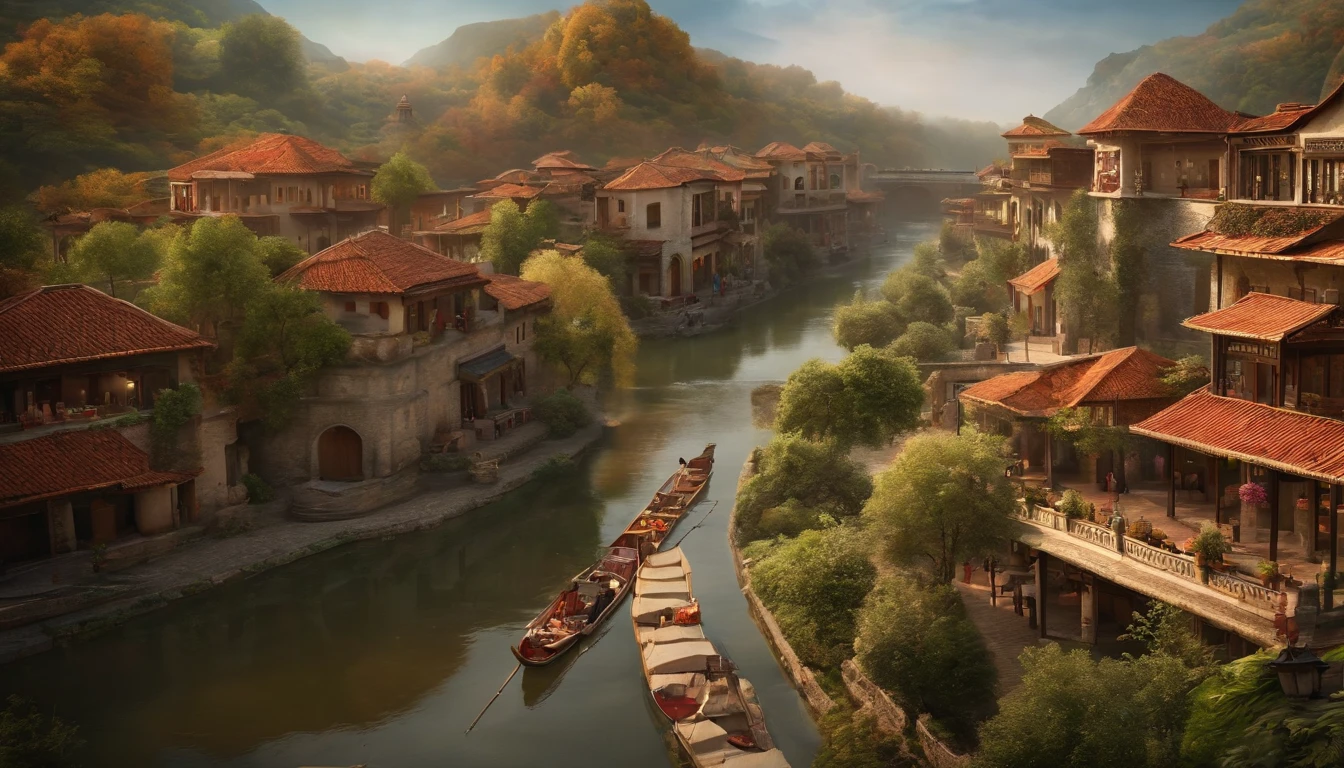 Supermarket with hallways and depth of field, (masterpiece) (exquisite) (meticulous) (true masterpiece), an ancient town, many houses, many houses, carriage trails, rivers, trees, fanciful, peaceful, women on the river view from the top of the hill